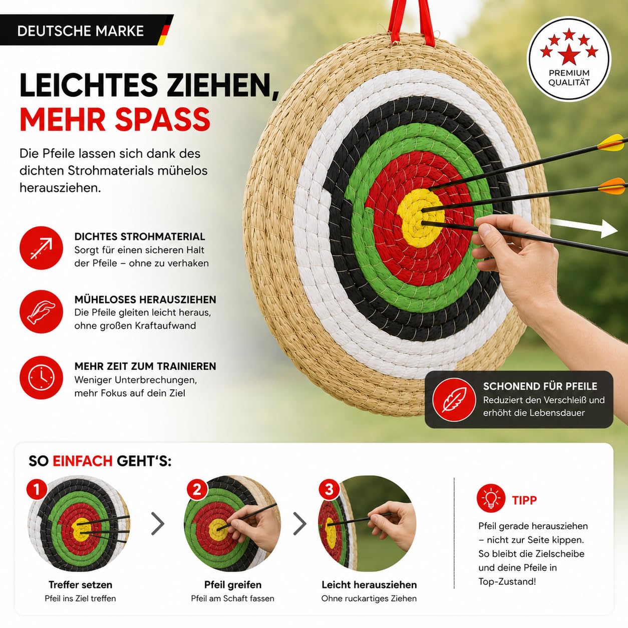 Flitzebogen Zielscheibe Bogenschießen | Strohzielscheibe Natur 50x50x5 cm 3-lagig für Kinder Anfänger Fortgeschrittene für Pfeil und Bogen Armbrust Ziel