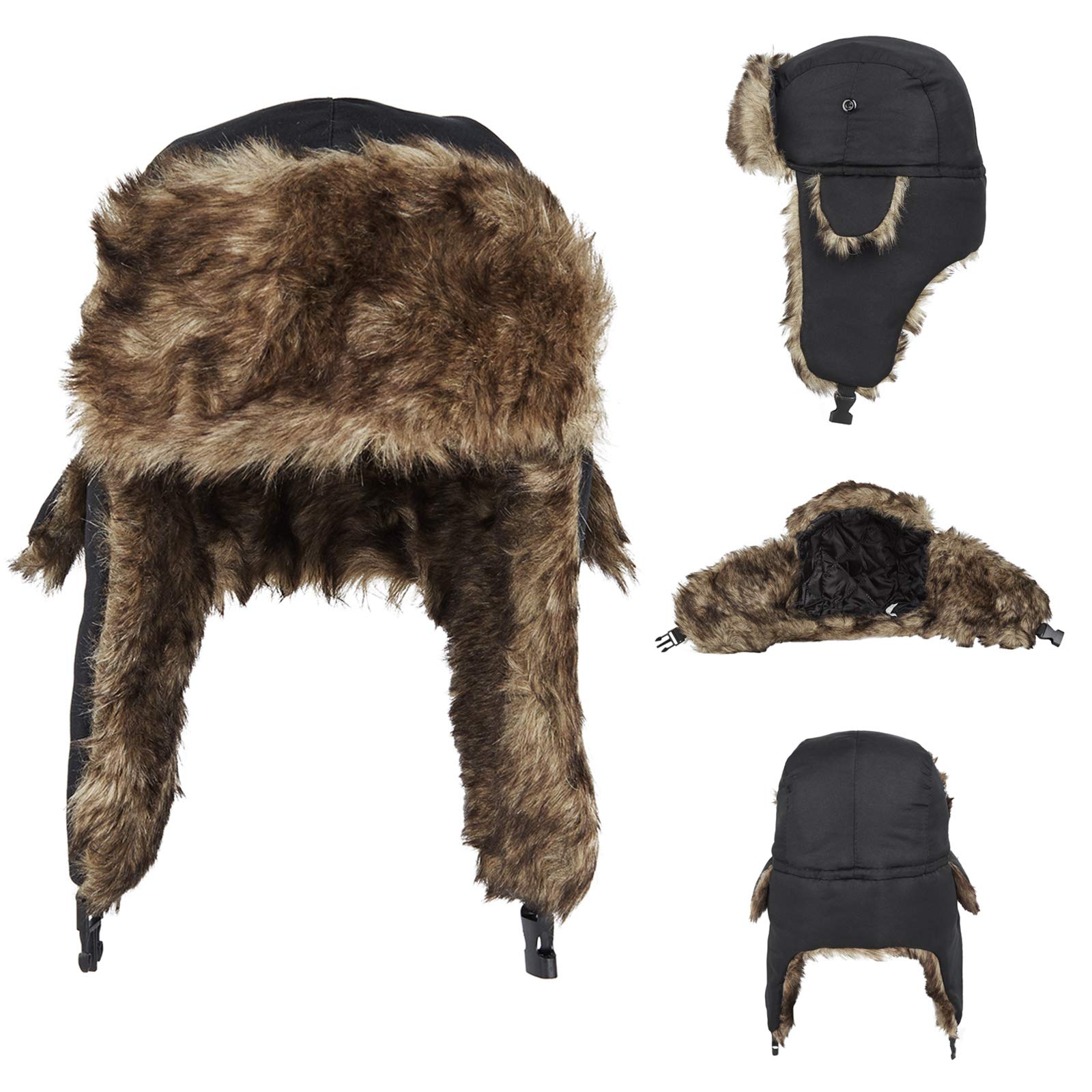 MeOkey Chapeau de Trappeur Imperméable pour Homme Femme Chaud Hiver Chapka Bonnet d'aviateur Russe avec Fausse Fourrure Oreille Rabat
