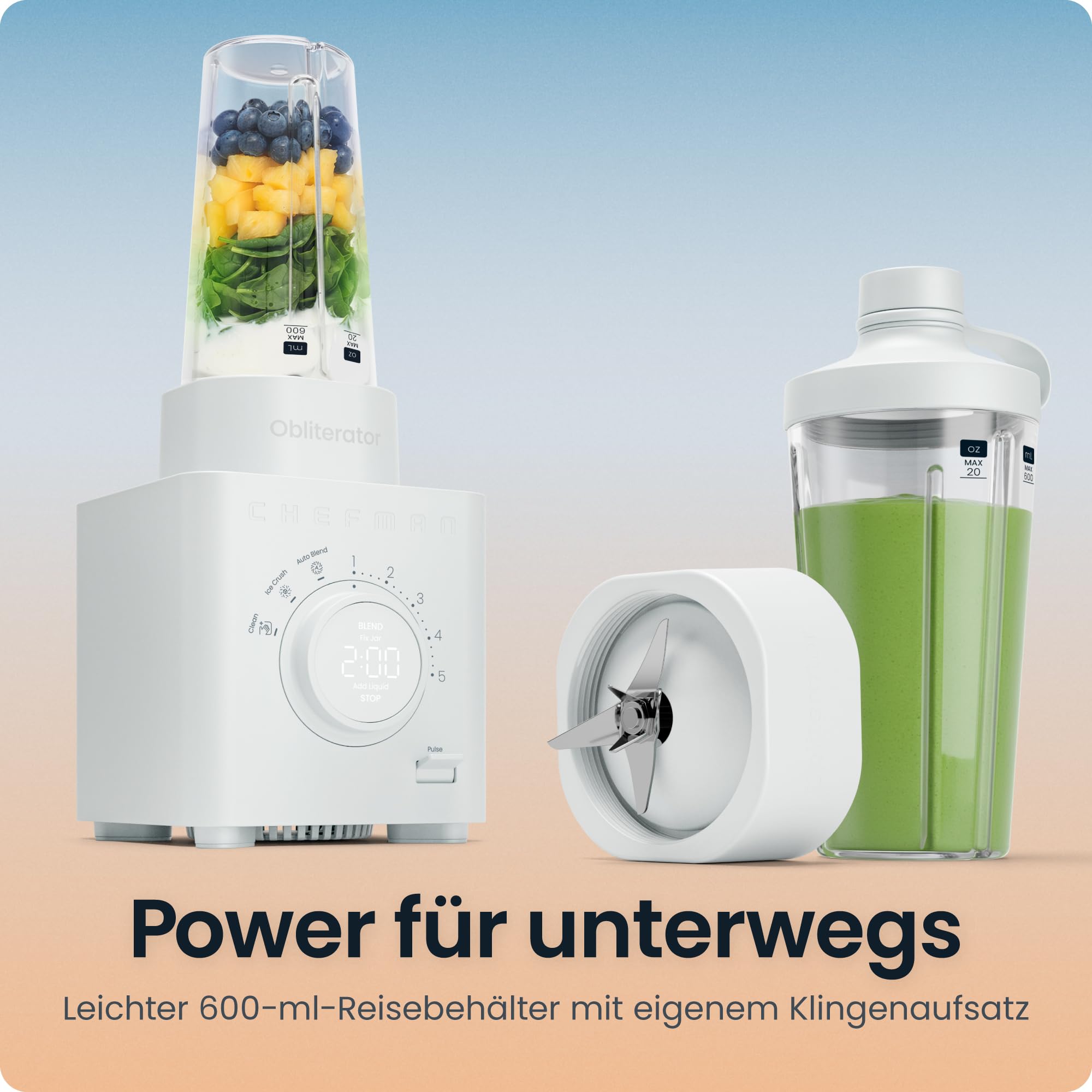 Chefman Obliterator Standmixer 1,2L 1350W, zerkleinert Eis & Früchte | für Smoothies, Edelstahlklinge, Auto-Blend, inkl. 600ml Reisebehälter, Betongrau