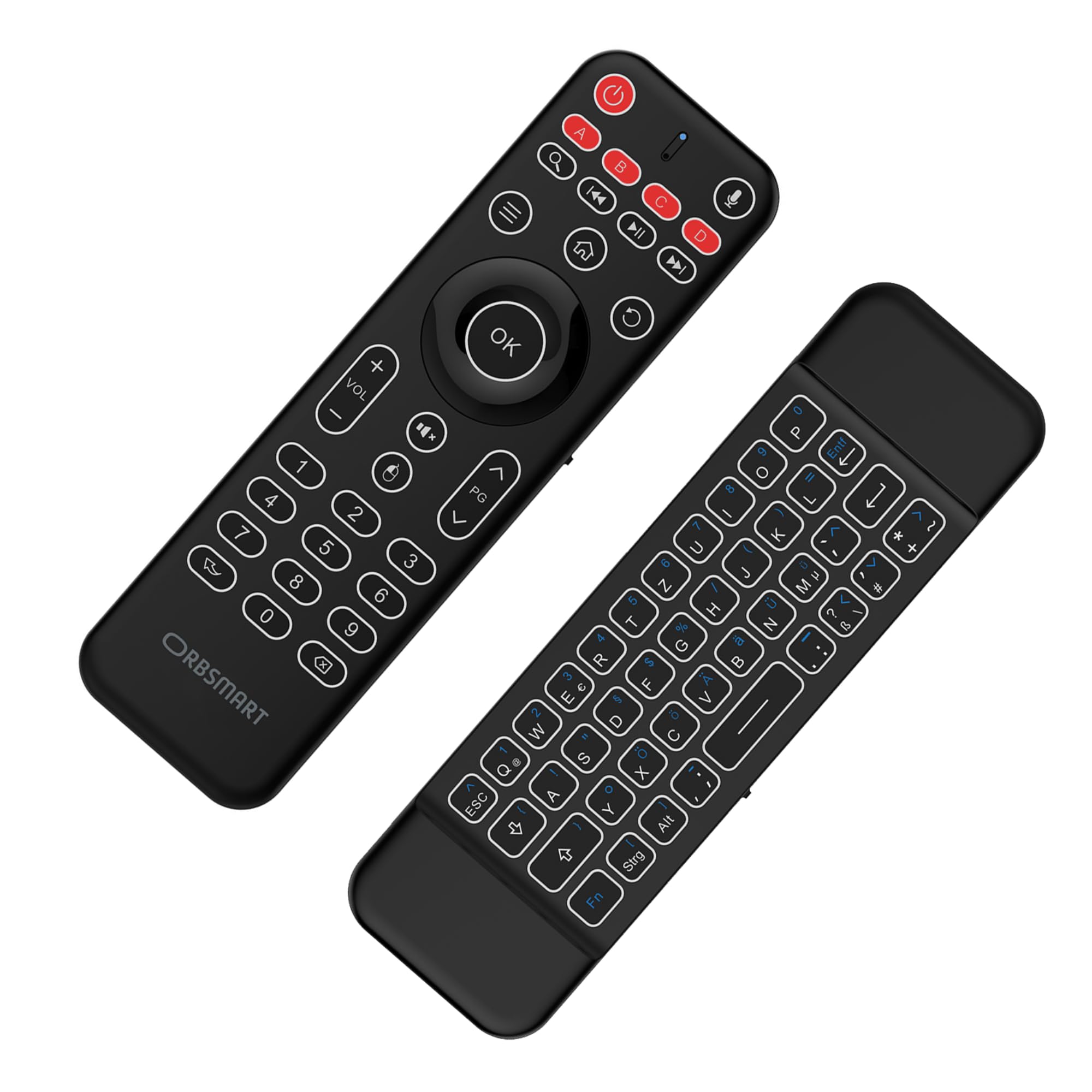 Orbsmart AM-1 Pro Airmouse Tastatur QWERTZ, Mini PC & TV Box Fernbedienung | LED-Hintergrundbeleuchtung & wiederaufladbarer Akku. Präzise Steuerung per Gyro-Sensor & Mikrofon. Inklusive IR-Lernfunktion