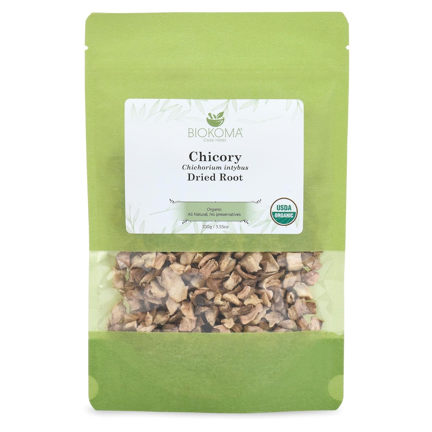 Biokoma Pure and Organic Biokoma Chicory Dried Root 100g 3.55 oz Coffee Substitute In Resealable Moisture Proof Pouch, USDA Certified Organic Herbal