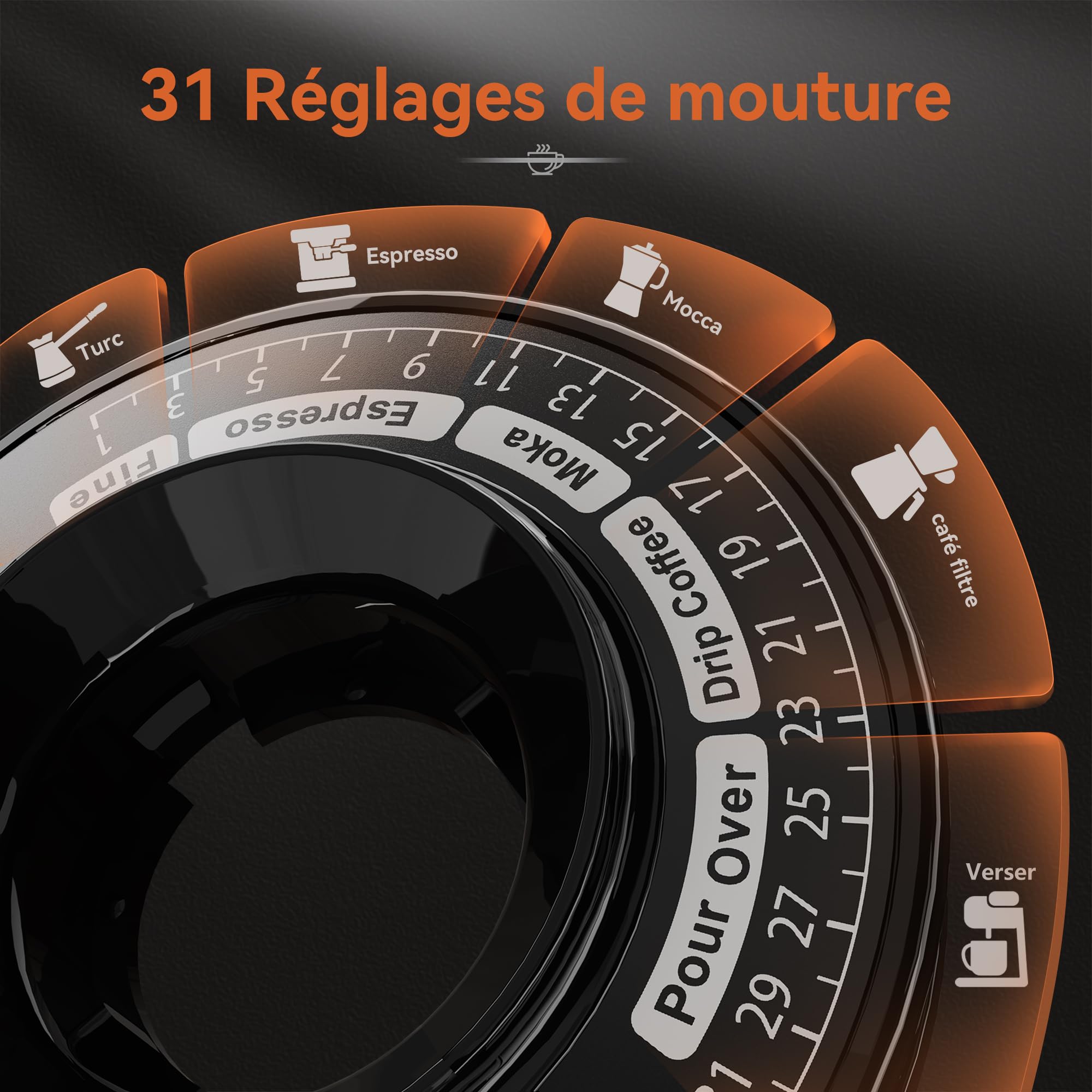 HIBREW G3A Moulin à café électrique - Moulin conique en acier inoxydable avec arôme préservé, tasse unique, 200 watts, 31 réglages de mouture réglables