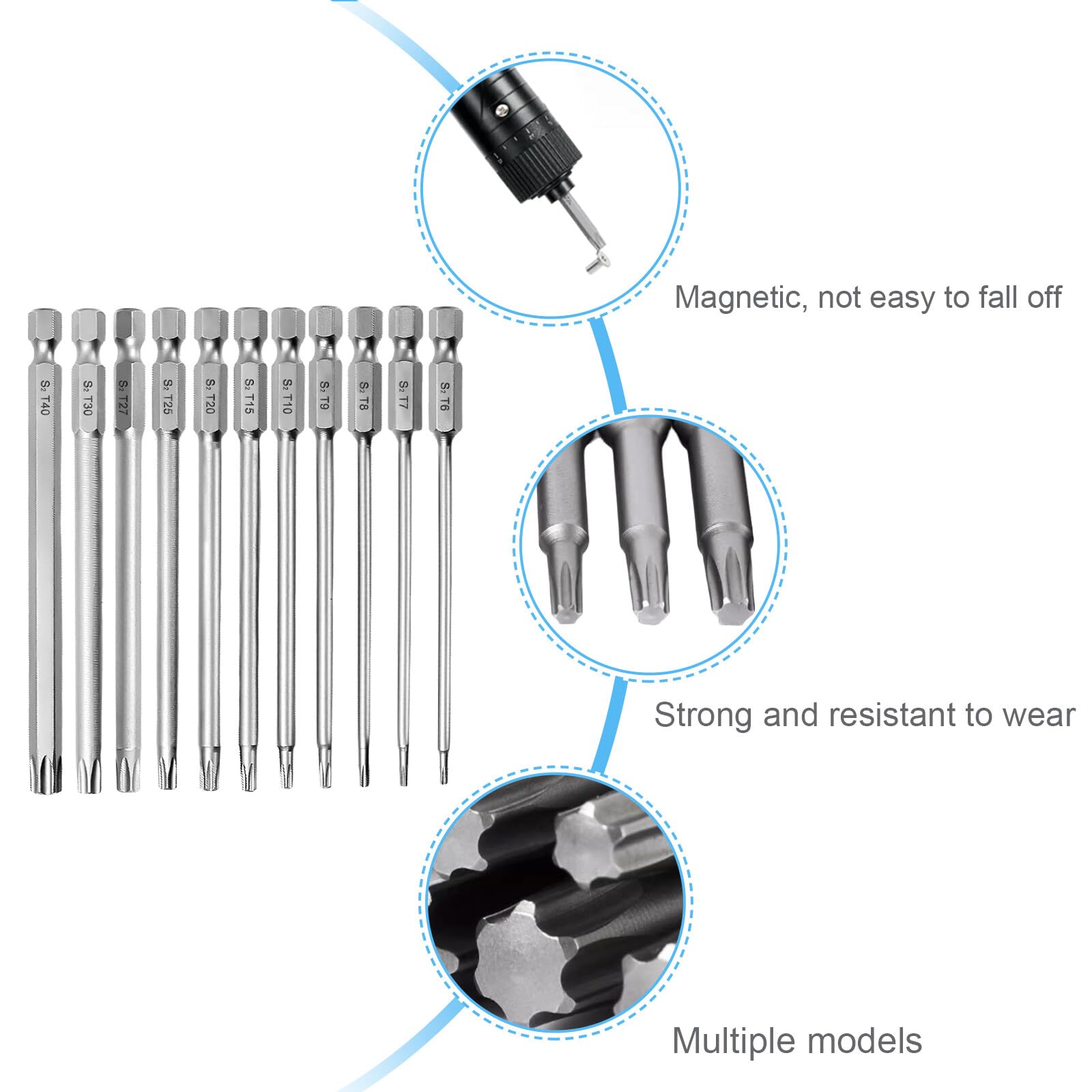 Torx-Schraubendreher-Set Mit Magnetkopf – 11-teilig Von T6 Bis T40 | 100 Mm Lang, S2-Stahl, 1/4 Zoll Antrieb