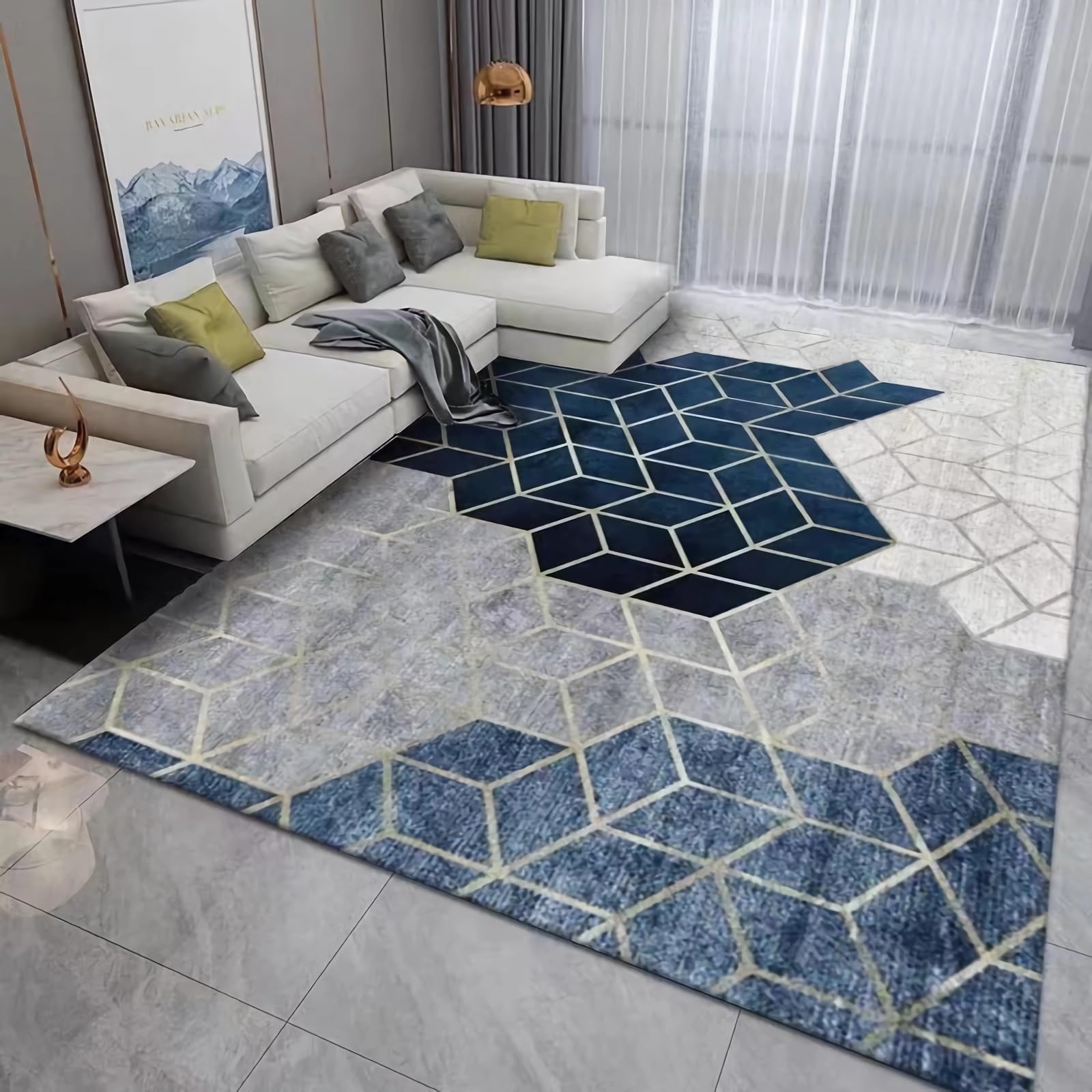 Teppich anti rutsch Blau Grau Geometrisches Design Rutschfester, leicht zu reinigender Teppich,bettläufer Schlafzimmer Kitchen Teppich 60x90cm