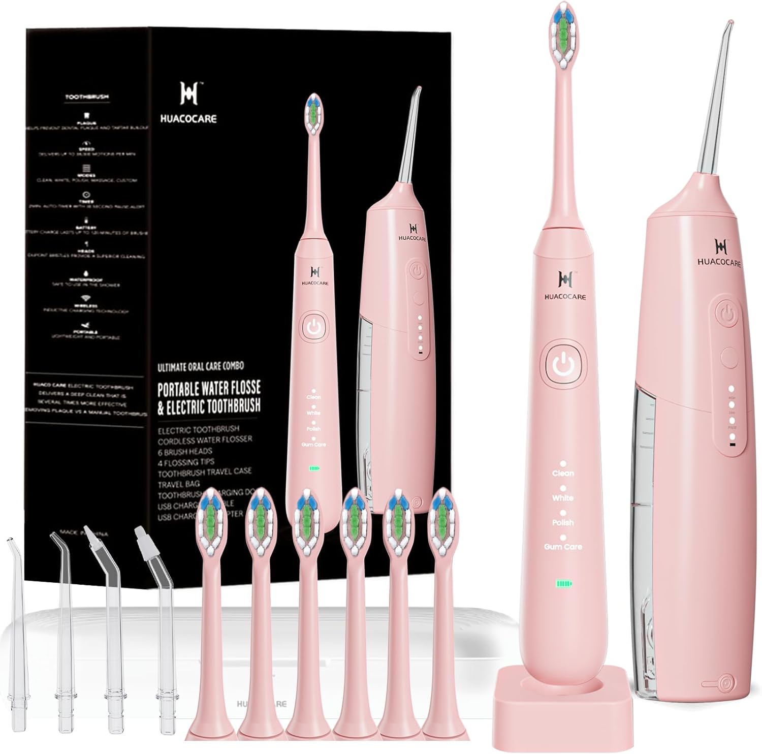 Kit de limpieza oral 2-1 rosa con cepillo y hilo dental de agua