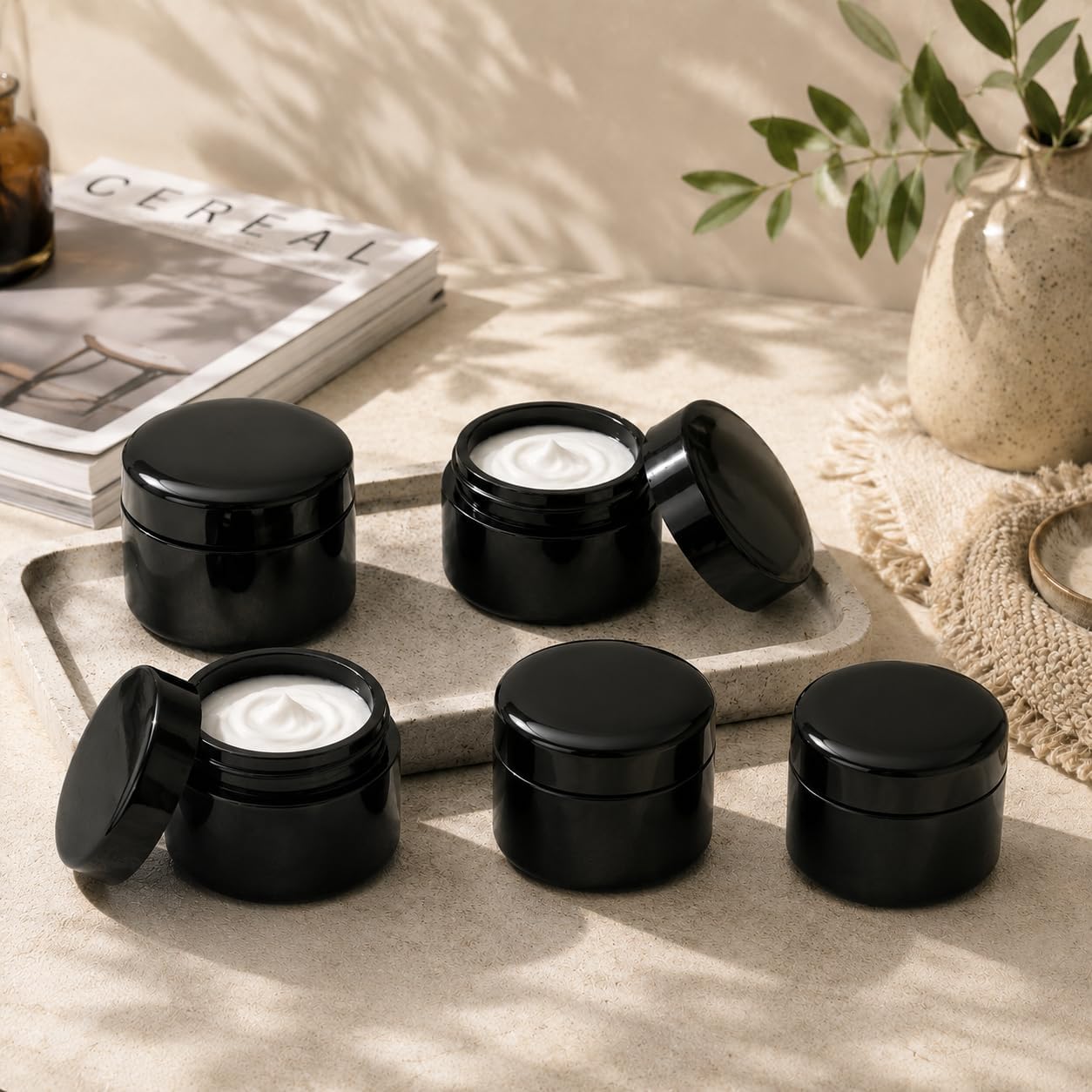5 Pack Refillable Cream Jars with Spatulas, 1oz Black Cosmetic Containers, Travel Makeup Sample Pots with Inner Lids, Leakproof Screw Caps for Face Cream, Lotion, Balm, DIY Skincare