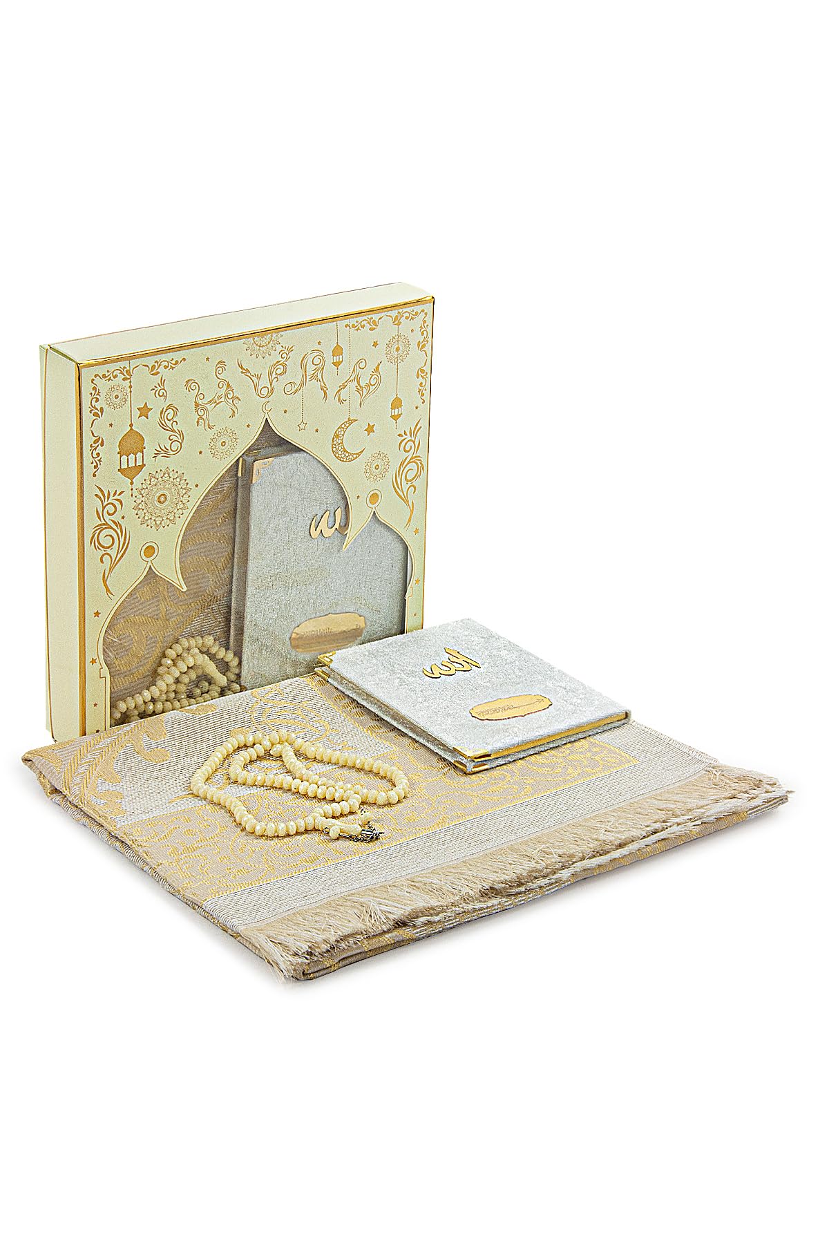 ihvan online Set regalo di preghiera per uomini e donne, tappeto da preghiera musulmano in taffetà, tappetino Salah, rosario con perline, set regalo islamico Yaseen rivestito in velluto, per Ramadan
