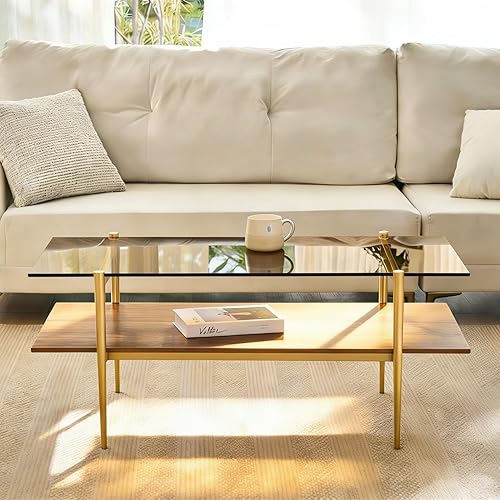 Shrine - Mesa de café rectangular, diseño moderno de mediados de siglo, estructura de 2 niveles, parte superior de vidrio ámbar y estante de MDF de