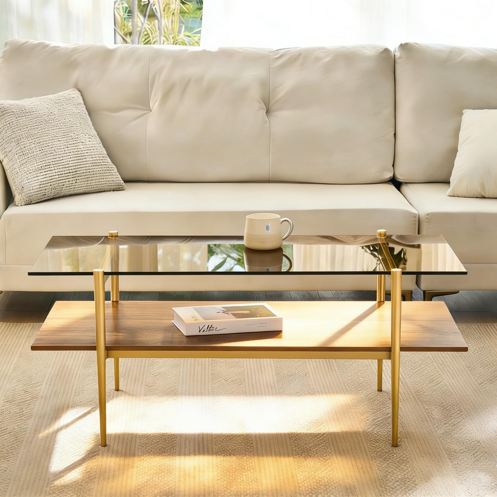 Shrine Rectangle Coffee Table, Mid-Century Modern Design, 2-Tier Structure, Amber Glass Top and Walnut MDF Shelf, 41" D x 21" W x 17" H, Sleek Conical