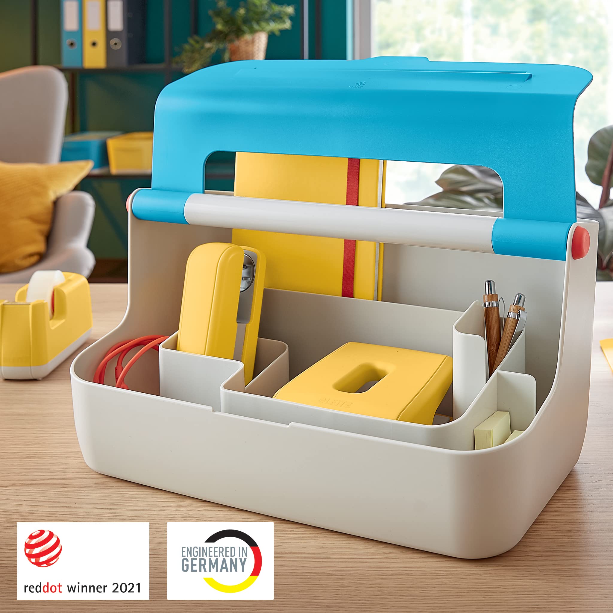 Leitz Cassetta portaoggetti con maniglia, Gamma Cosy, per la Casa, l'Ufficio o l'Hot Desking, con scomparti per l'organizzazione del contenuto, Blu Calmo, 61250061