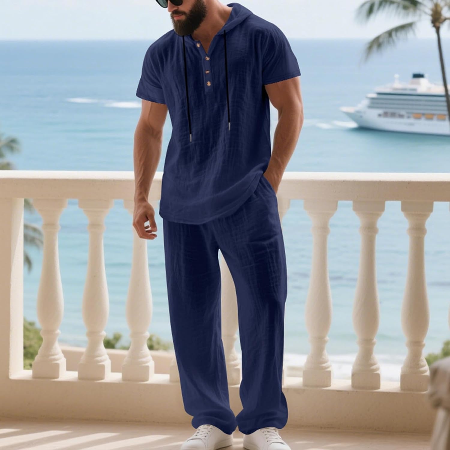 Men’s Breathable 2 Piece Outfit Cotton Linen Hooded Short Sleeve and Pants Set Casual Lightweight Summer Lounge Wear