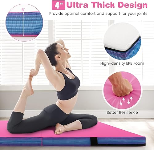 Miniatura 2 de Goplus Tapete de gimnasia plegable, de 4 x 4 x 4 pulgadas de grosor, doble plegable, con asas de transporte y cubierta de piel sintética, tapete de