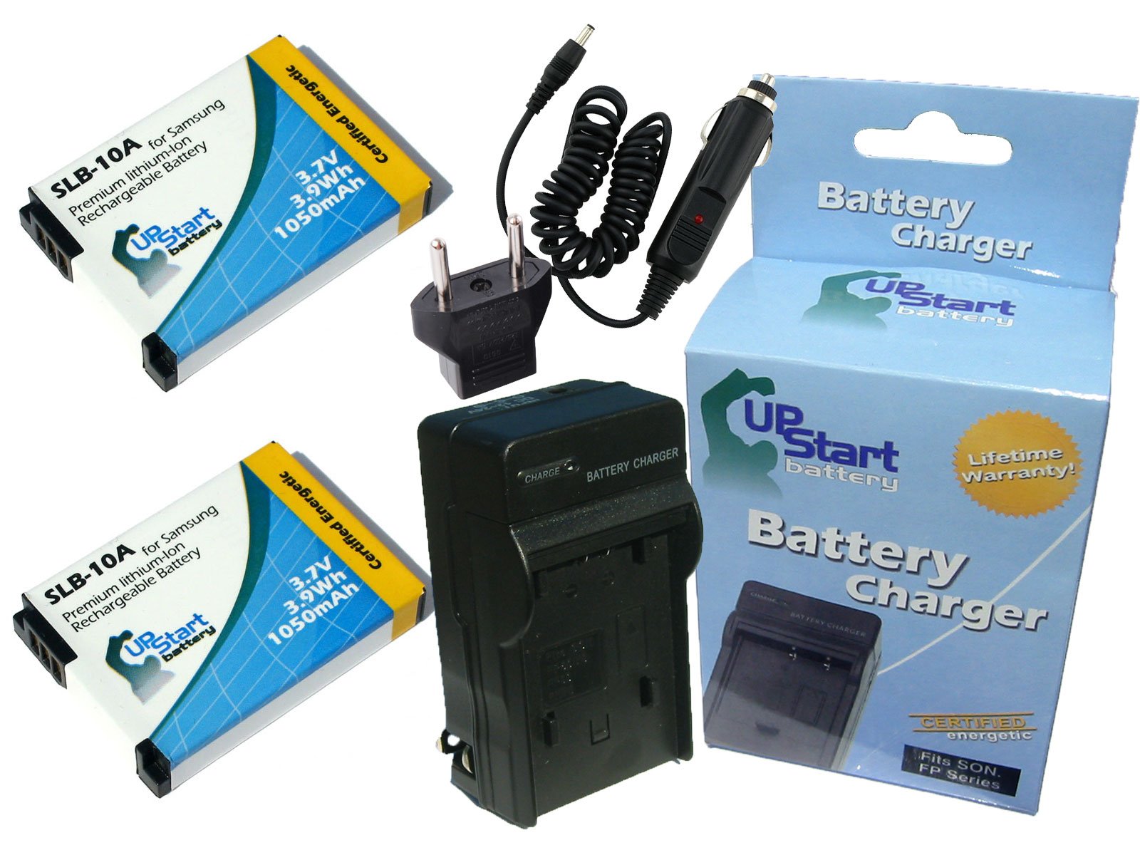 2 Pack Replacement for Samsung HMX-U10 Battery + Charger with Car & EU Adapters - Compatible with Samsung SLB-10A Digital Camera Battery and Charger (1050mAh, 3.7V, Lithium-Ion)