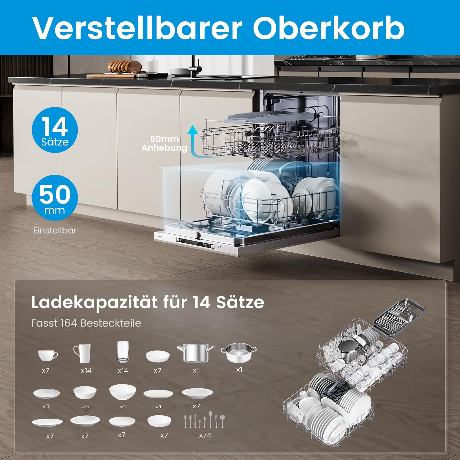 Midea SV 5.14K14C Lavavajillas Integrado 60 cm, 14 cubiertos, Lavavajillas integrable con WiFi, 8 programas, 44 dB, Apertura automática de puerta, 0-24H Inicio retardado, Acero inoxidable