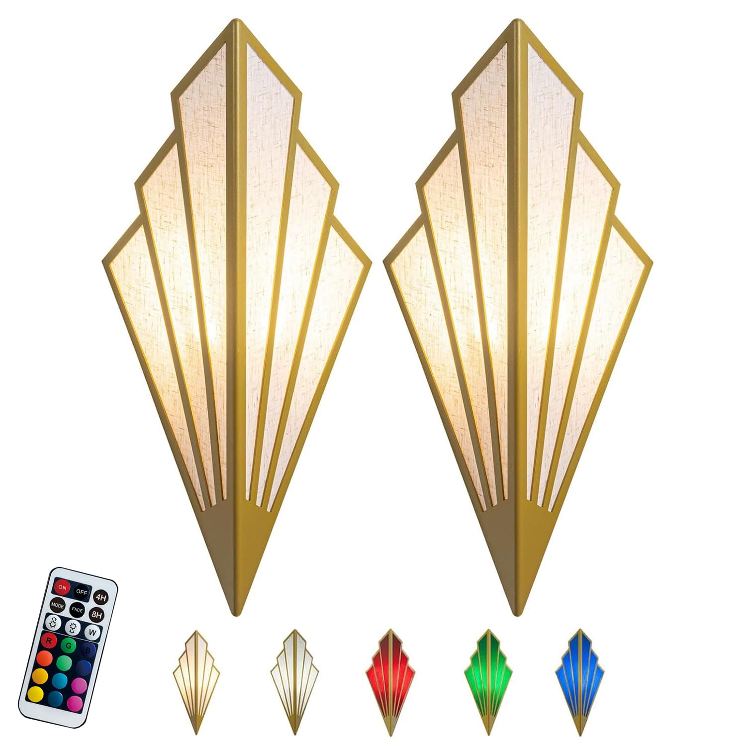 PENTWAN Battery Operated Wall Sconces Set of 2,Modern Wall Lamps,with Color Temperature Dimmable Remote Control,Non Hardwired Sconce,Art Deco Lighting Fixture,for Bedroom Bedside (GoldSeven Colors)
