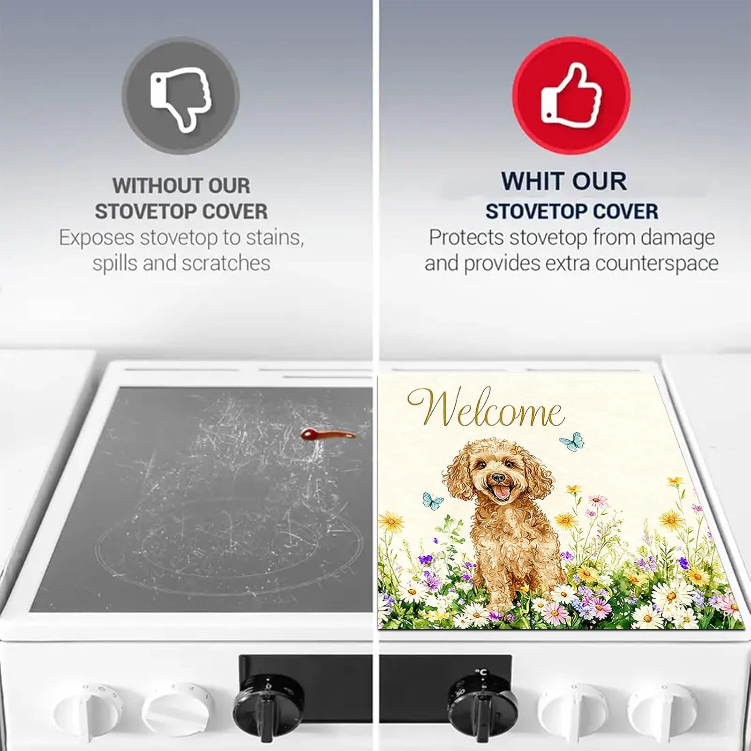 HOMETITUTE Spring Dog Stove Top Covers for Electric Stove 28x20 Inches Heat Resistant Glass Cooktop Protector Pad Decorative Stovetop Cover Dish Drying Mats for Kitchen Countertop Coffee Bar Decor