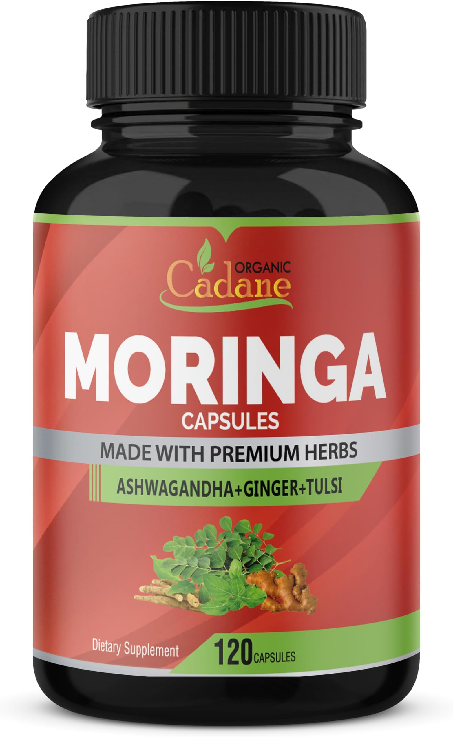 Organic Cadane Moringa Powder Capsules with Ashwagandha, Ginger, Holy Basil Tulsi - 120 Capsules