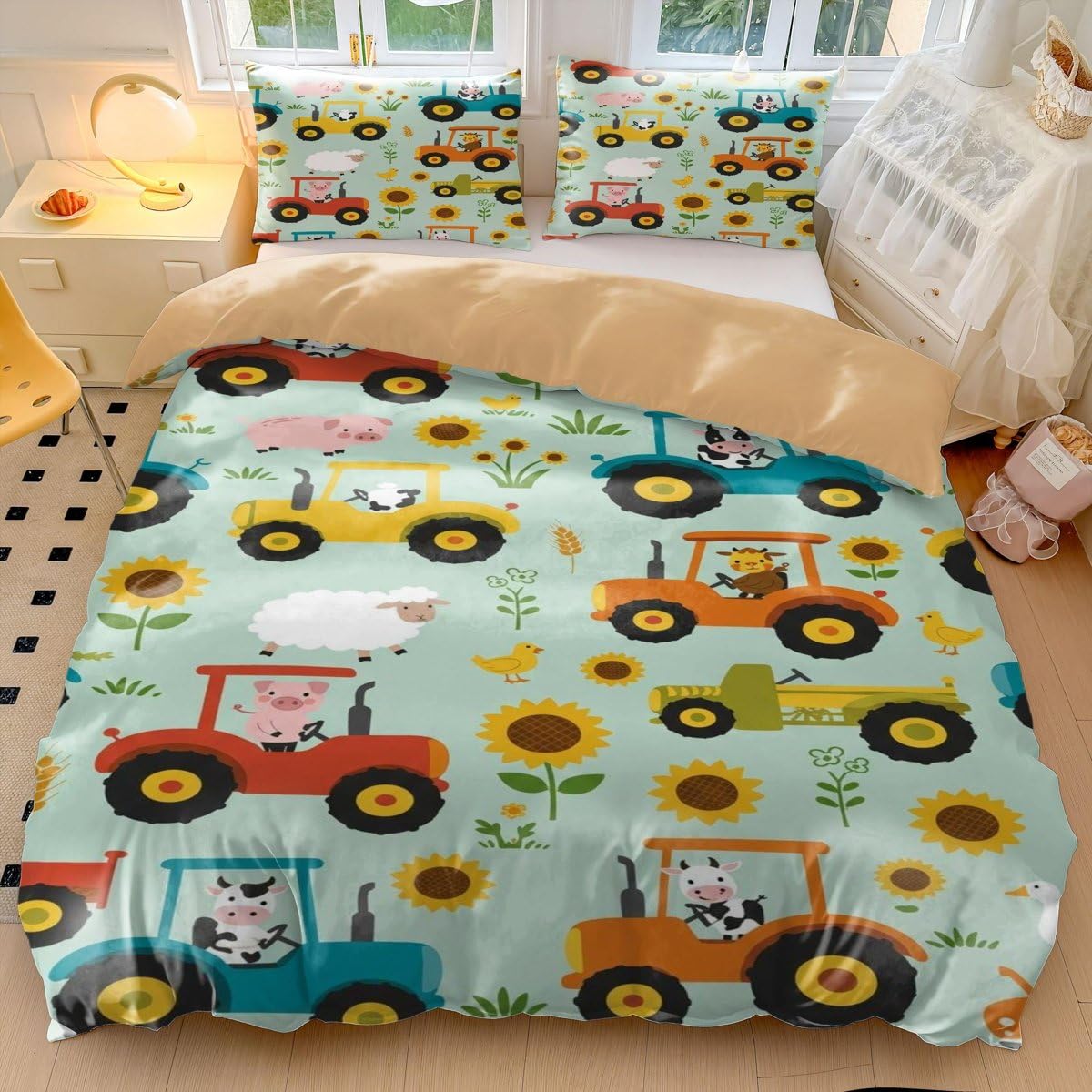 Kids Tractor Duvet Cover Colorful Farm Tractor Bedding Set for Boys Girls Soft Microfiber Tractor Bedding Single, Farmhouse Tractor (style3,King 240x220cm+65x65cm*2)