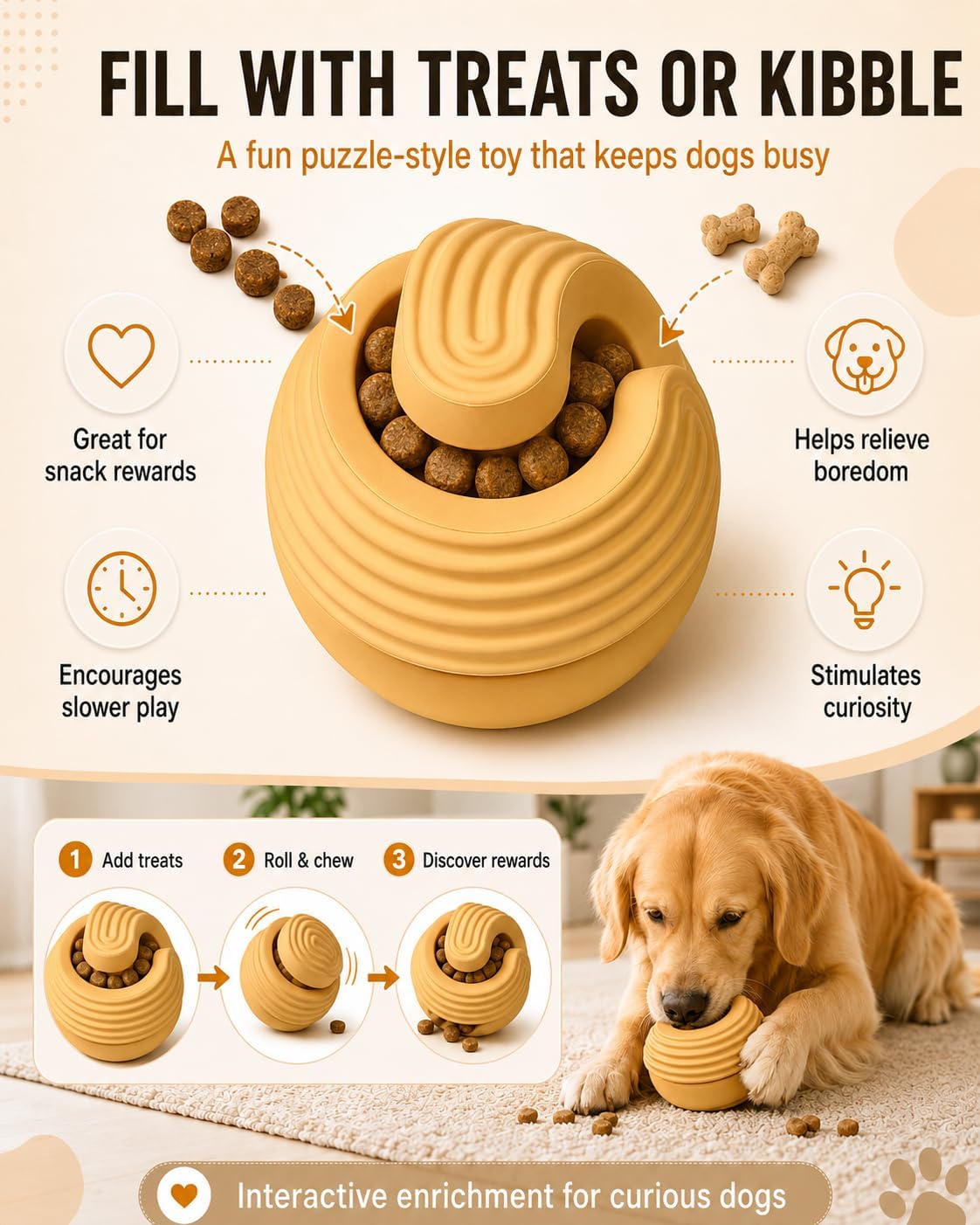 Dog Toy Ball for Aggressive Chewers, Natural Rubber Durable Treat Dispensing Dog Toy with Peanut Butter Grooves, Interactive Dog Puzzle Toy for Boredom, Chew Toy for Medium Large Dogs，Orange
