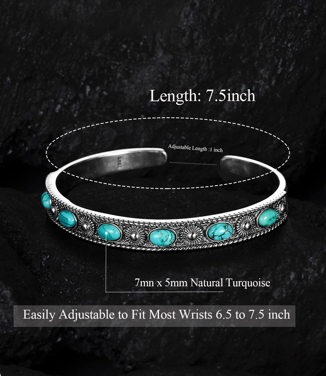 Boho Style 925 Sterling Silver Turquoise Bracelet Cuff for Women Men Native American Jewelry Adjustable Bangle 6.5 7 7.5 Inch
