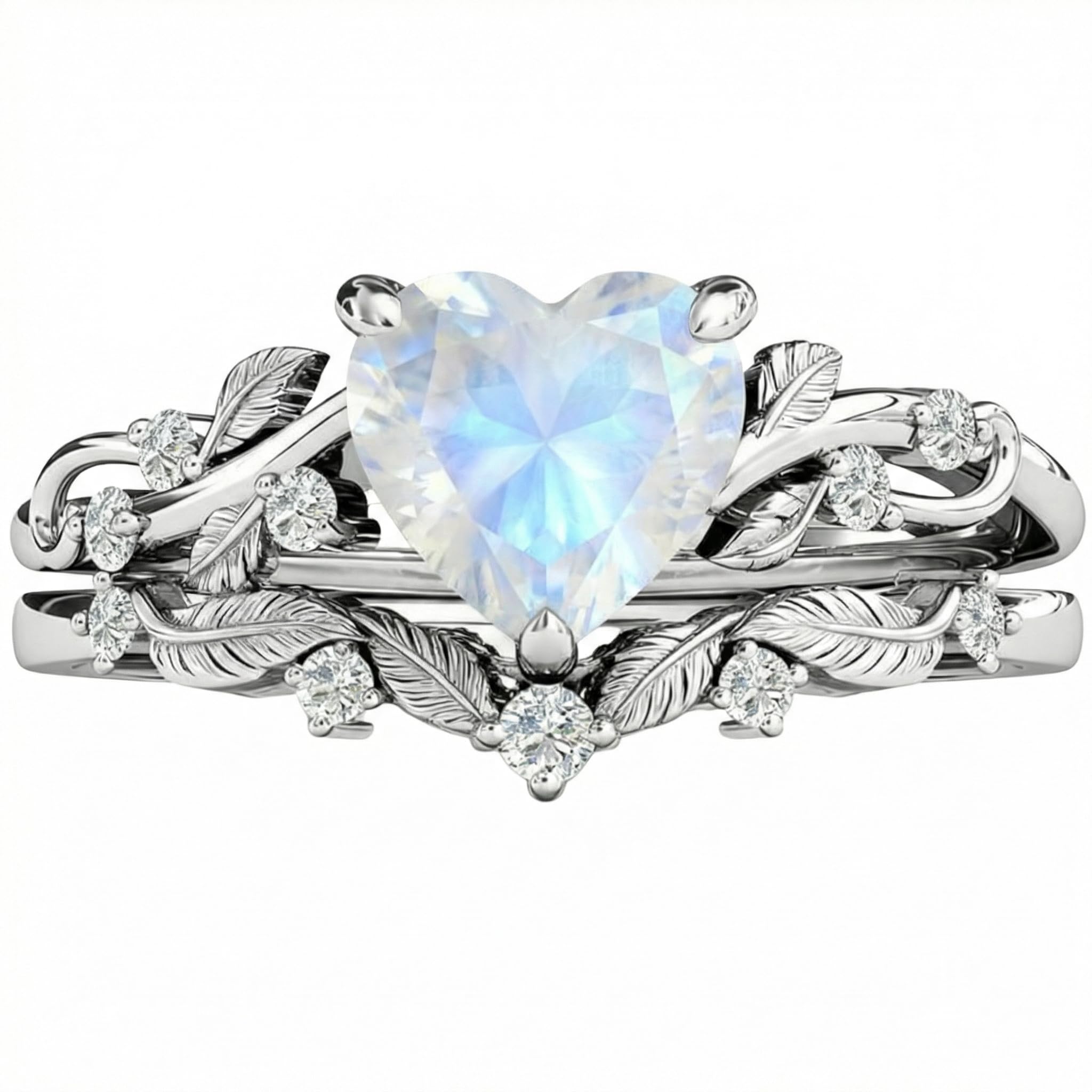 SILACETE 10K 14K 18K Gold Herz Geburtsstein Verlobungsring Set für Damen Blatt Art Deco Ring Herzschliff Vintage Ranke Geburtsstein Braut Hochzeits Versprechen Ring Set Größe4~15
