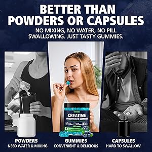 TOPCAPAK Creatine Monohydrate Gummies for Men & Women - Blueberry Flavor, Raspberry-Shaped - Chewable Creatine Gummy with Taurine & Vitamin B12, 5g Creatine per Serving, 120 Gummies