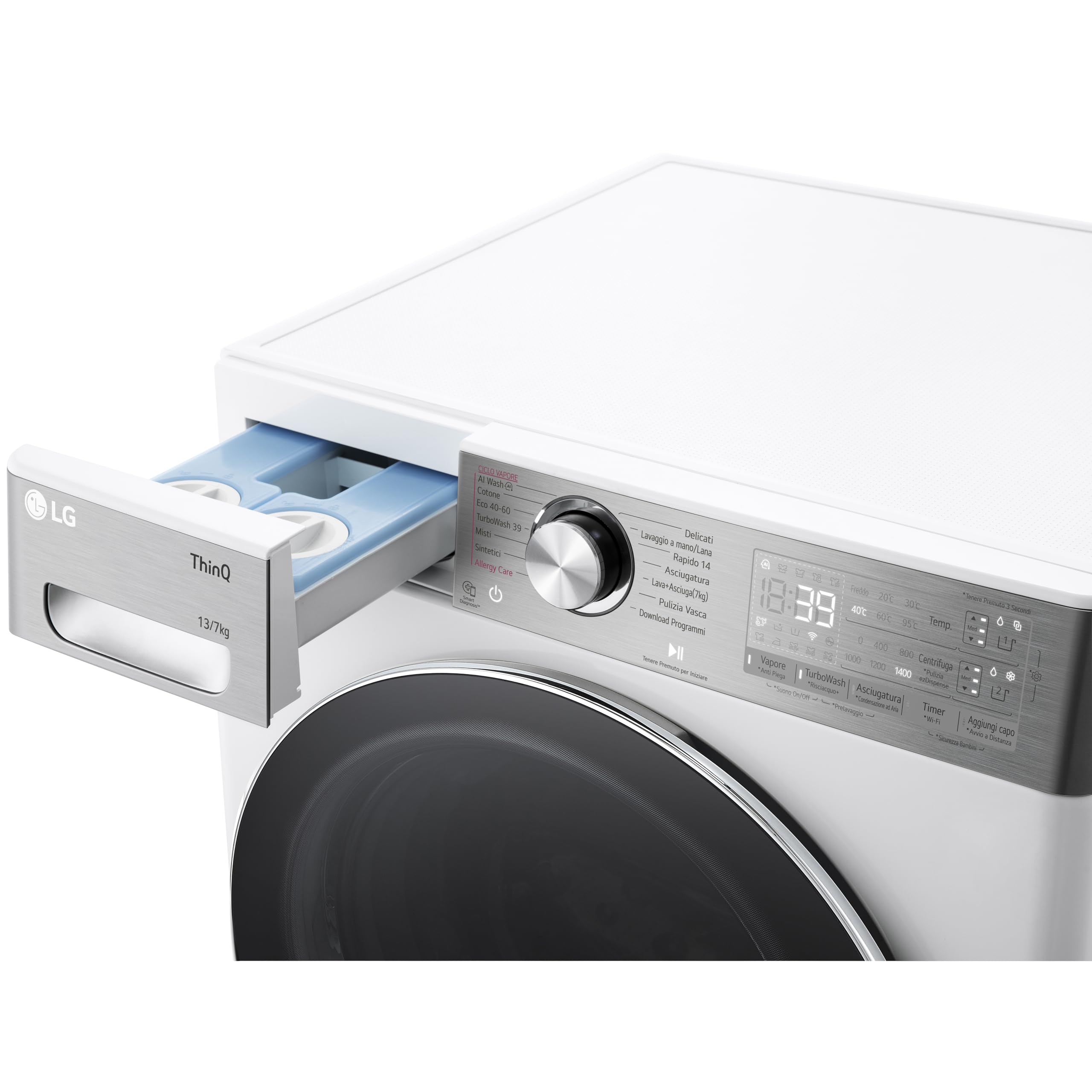 LG AI DD D4R9513TPWC Lavasciuga 13/7kg, Serie R9, Classe D, Lavatrice Asciugatrice, 1400 Giri, TurboWash 360, Vapore Steam+ e Antipiega, Autodosaggio, Wi-Fi, Bianca