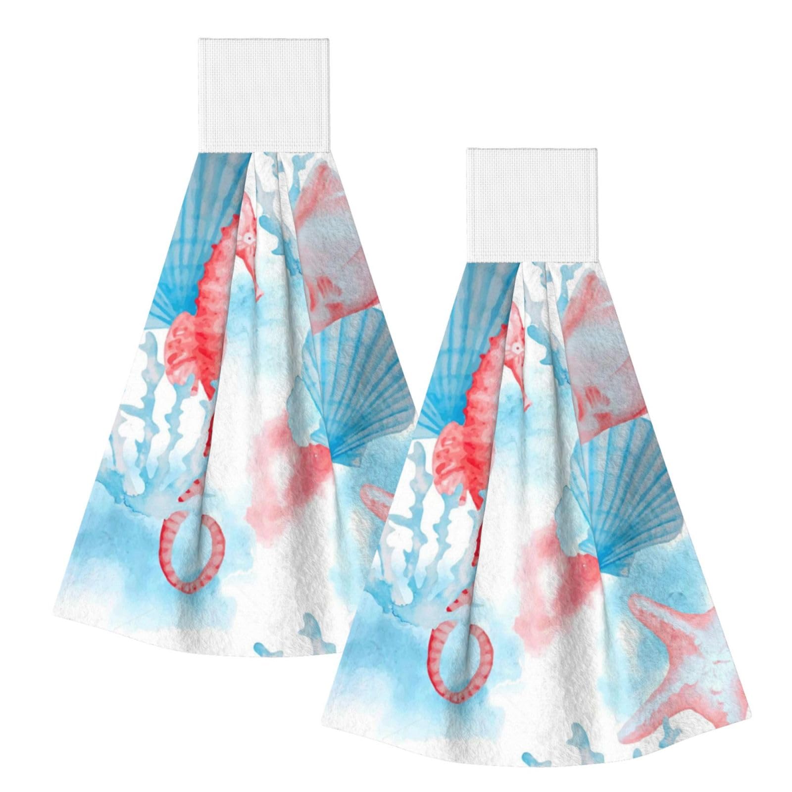 DOPKLNA Watercolor Shells Sea Horse Fish, 2 Pcs Hanging Coral Fiber Hand Towels for Bathroom, Absorbent Kitchen Towels