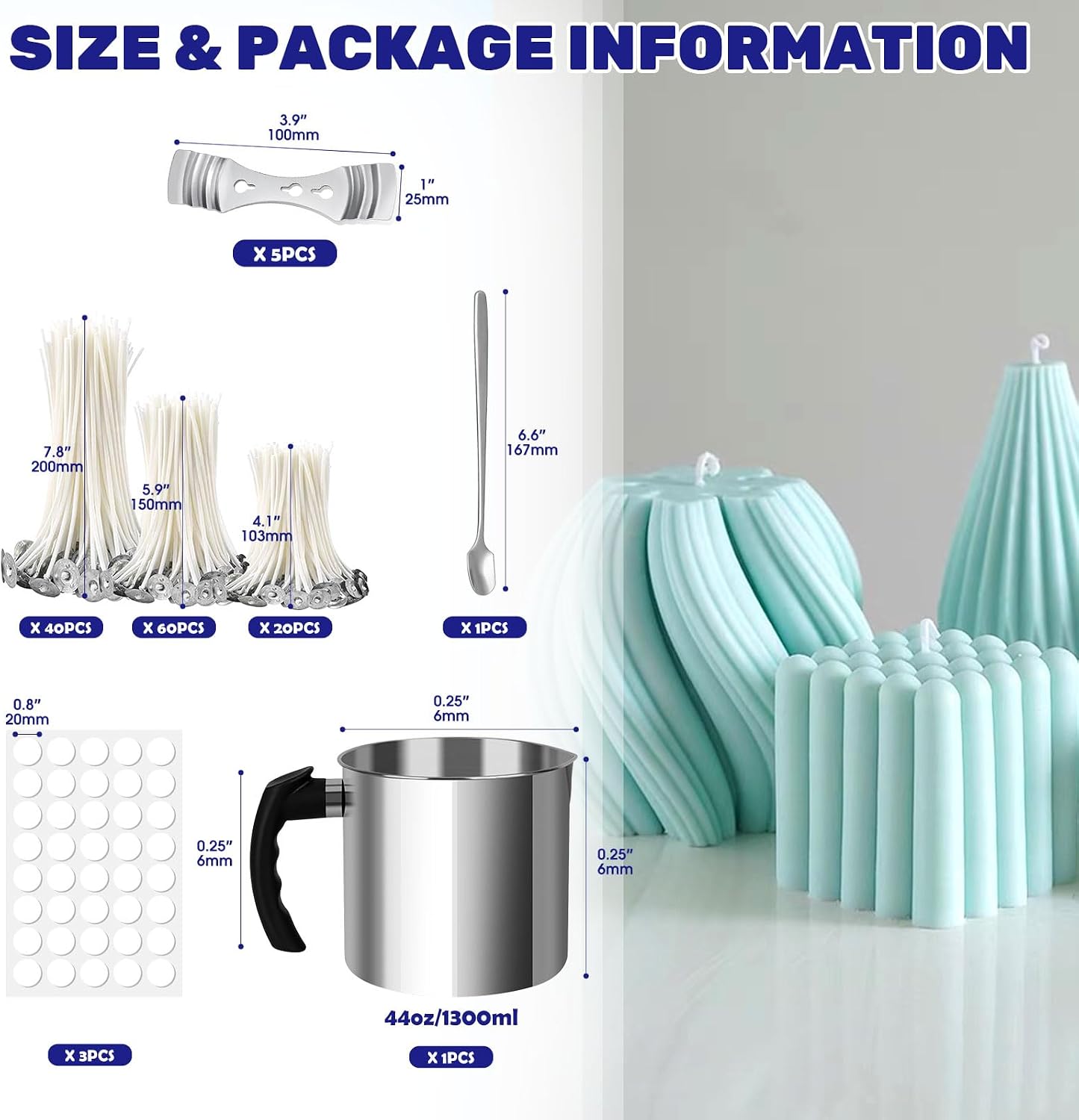 Waltool 247Pcs Candle Making Accessories Set Contains 304 Stainless Steel 44oz Double Boiler Wax Melting Pot, Spoon, 4" 6" 8" Cotton Candle Wicks, Wick Stickers for Coconut Soy Wax Beeswax