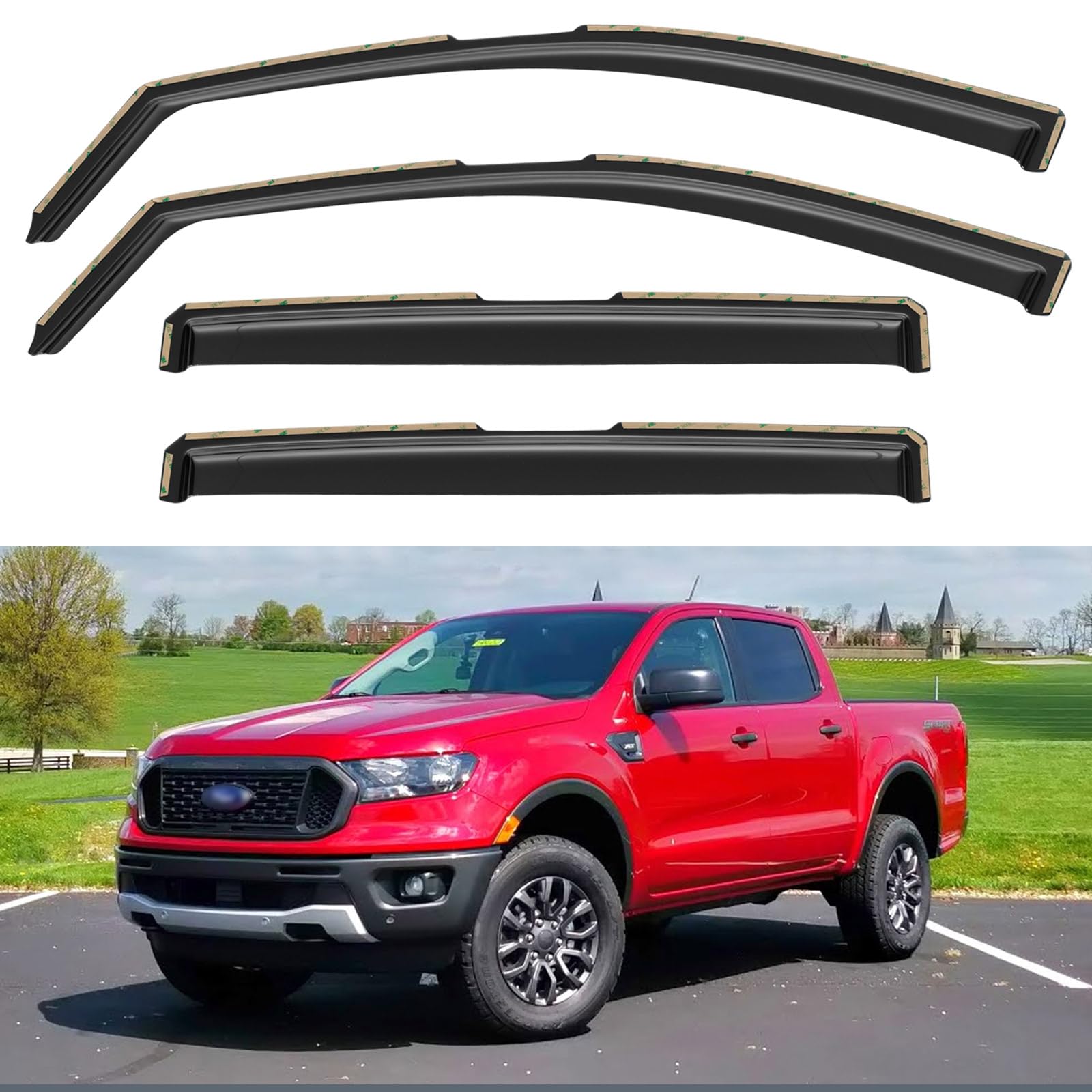in-Channel Window Visors Rain Guards for 2019-2023 Ford Ranger Crew Cab | Window Vent Wind Deflectors Visors Shades Protectors for 19 20 21 22 23 Ford Ranger SuperCrew Cab, for Full-Size Cabs