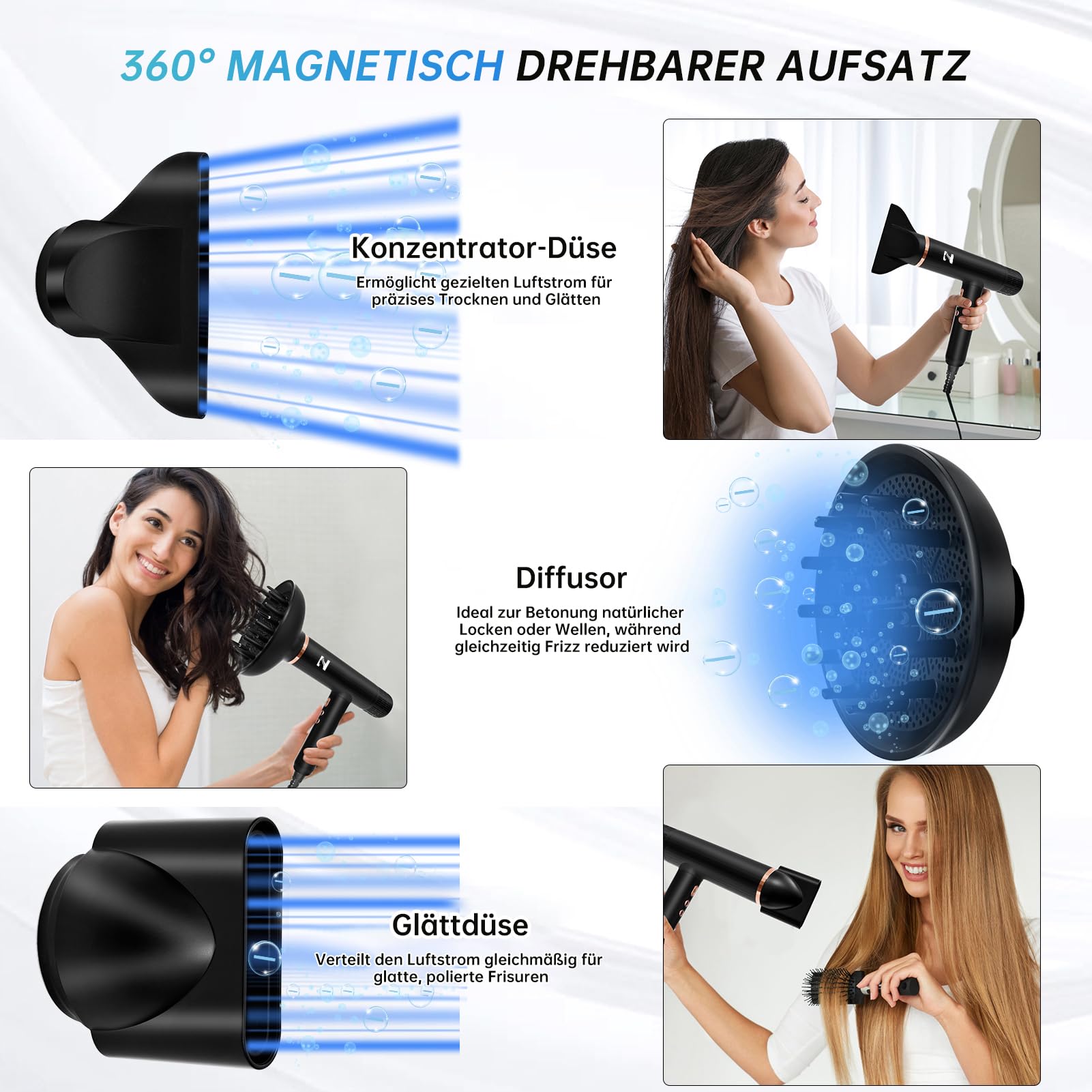 NICEBAY Ionen Föhn mit Diffusor，1900W Hochgeschwindigkeits Haartrockner | Profi Fön mit 110000 U/min BLDC Motor für Schnelles Trocknen, 4 Temperatur- & 3 Luftstufen, Leicht & Leise，Schwarz/Gold