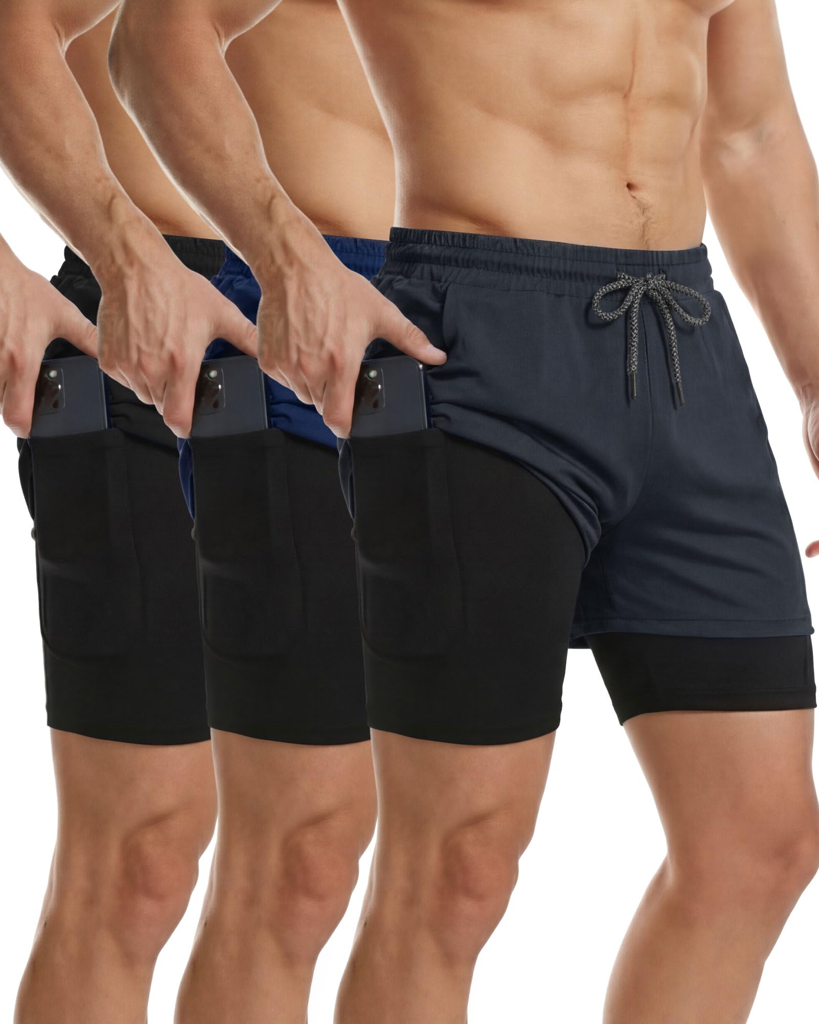 3 Pcs Men's 2 in 1 Workout Running Shorts Athletic Gym Shorts with Liner Quick Dry Shorts with Side Pockets and Towel Loop