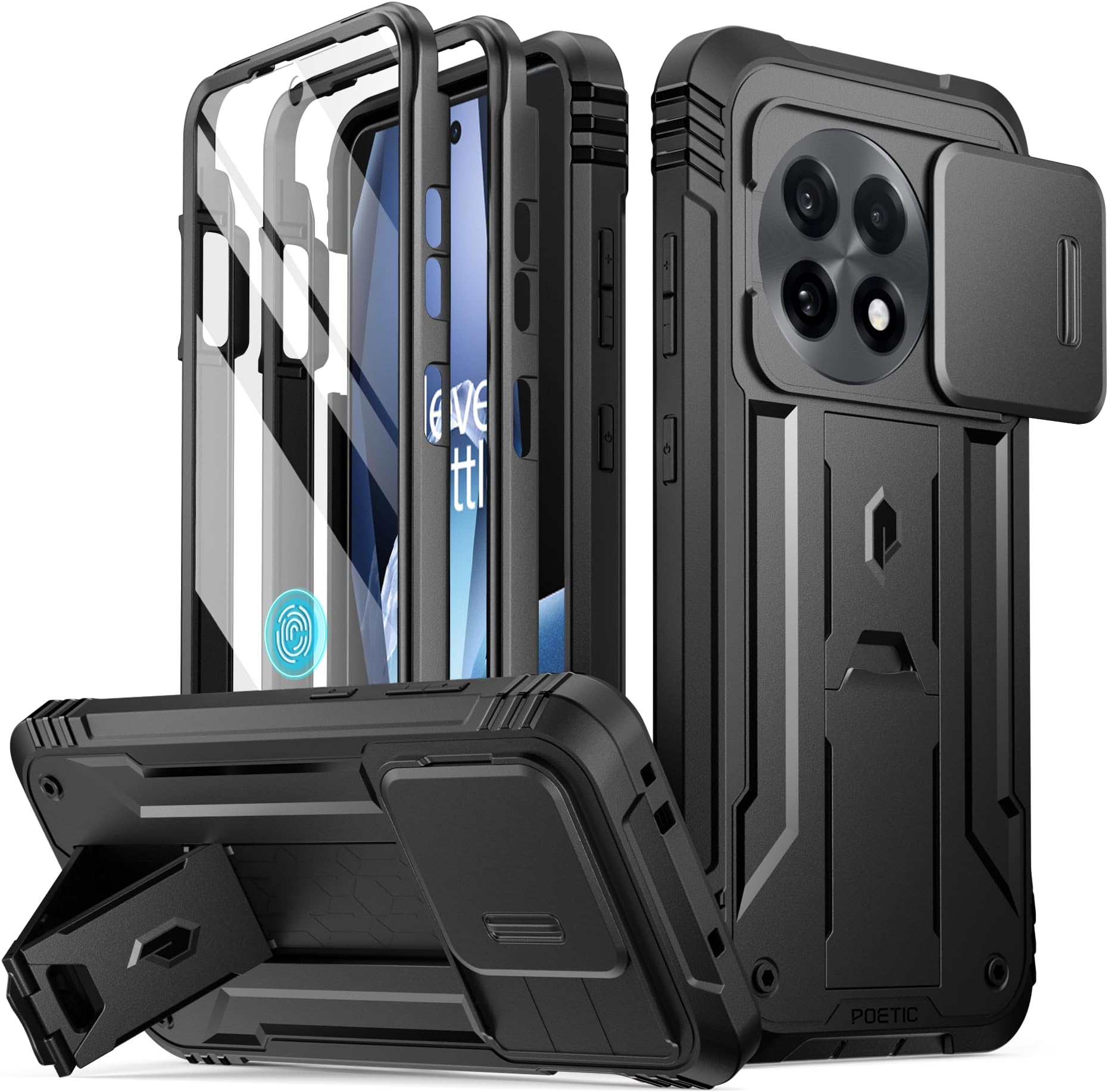 Poetic Revolution Case for OnePlus 13R 5G, [Slide Camera Cover], Built-in Screen Protector [Fingerprint ID Compatible], [Two Front Frames] Full Body Rugged Shockproof Case with Kickstand, Black