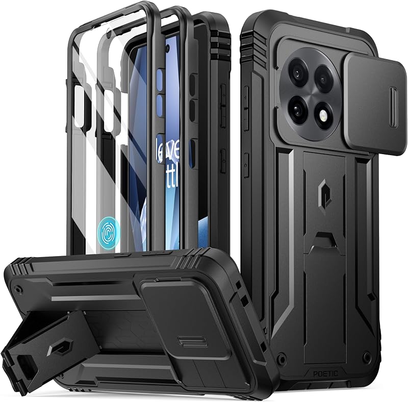 Revolution Case for OnePlus 13R 5G, [Slide Camera Cover], Built-in Screen Protector [Work with Fingerprint ID], [2 Front Frame] Full Body Rugged Shockproof Case with Kickstand, Black