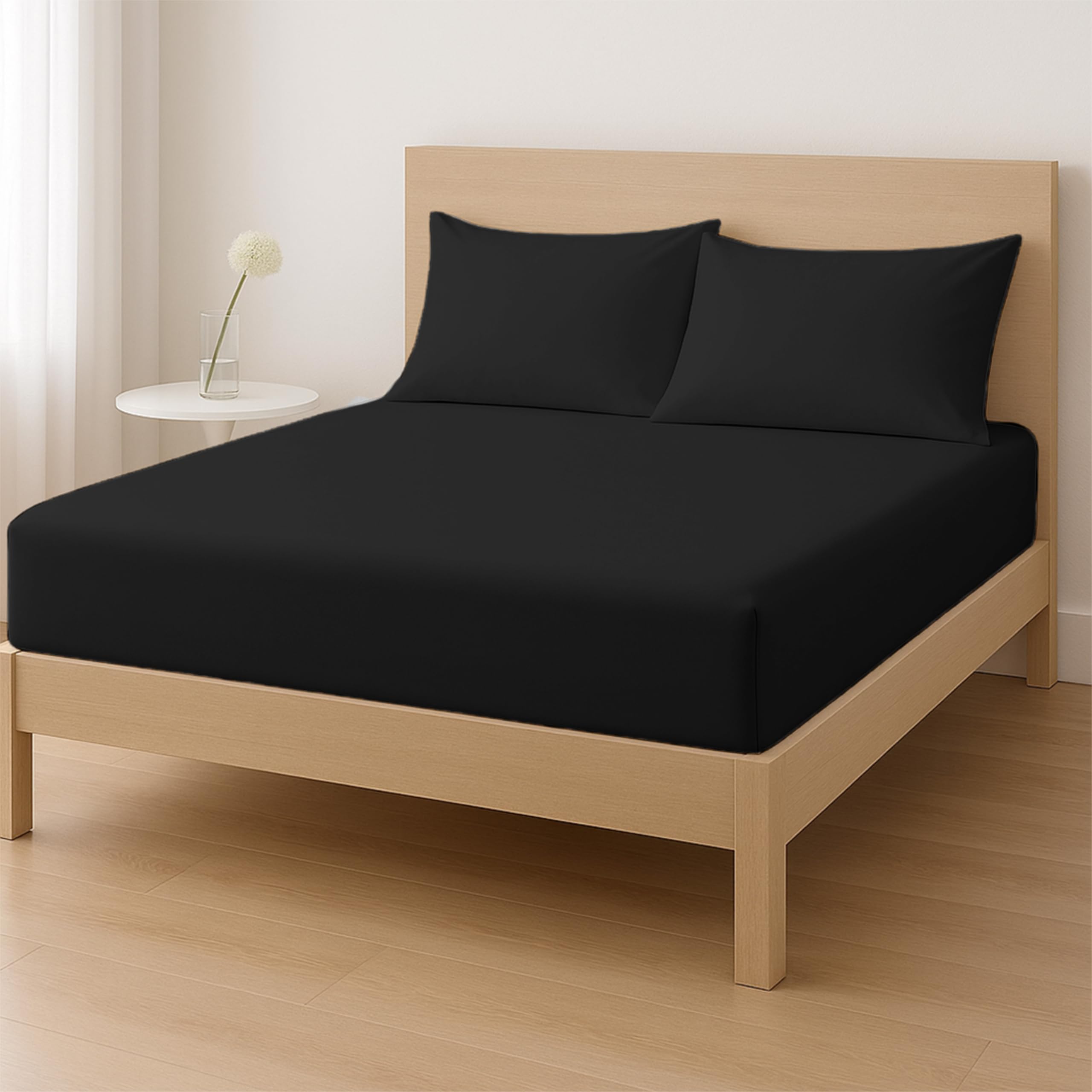 Rohi Single Fitted Sheet Set – 25cm Deep with Elasticated Corners – Soft & Breathable Cotton Blend Fitted Sheet with Pillowcases – Shrink & Fade Resistant – Single Bed Sheet Set (Black, Single)