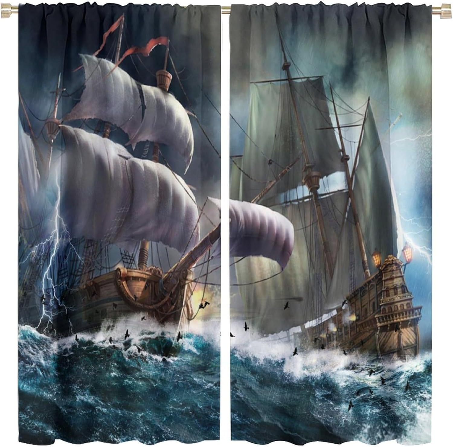 Brebasf Abstract Nautical Pirate Ship Blackout Curtains Vintage Mid Century Wooden Board Battleship Ocean Wave Window&Drapes Thermal Insulated Darkening Rod Pocket Curtains 2 Panels 63" L x 31.5" W