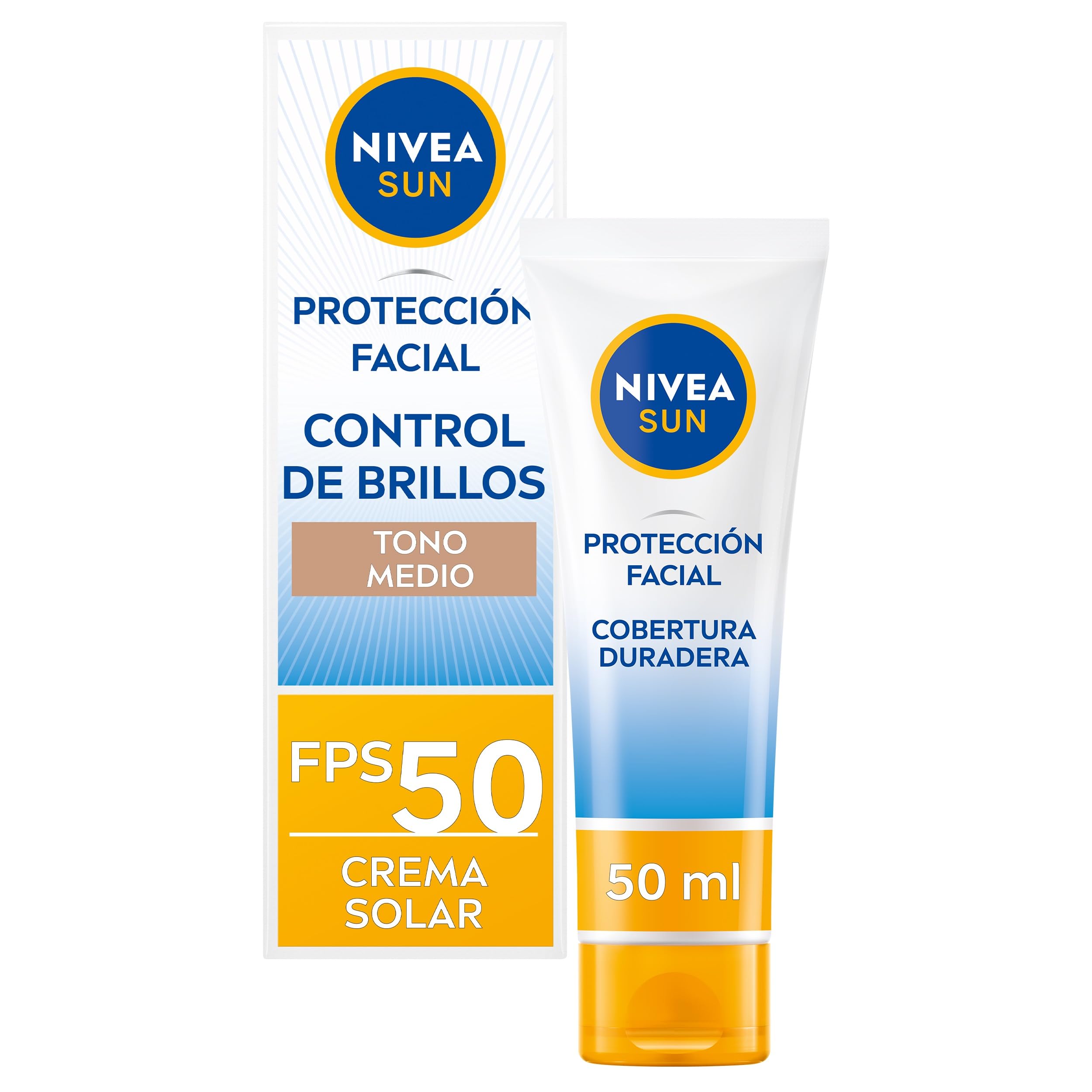 NIVEA SUN Protección Facial UV Control de Brillos FP50 (50 ml), crema solar facial con color, crema matificante con protección solar alta, crema facial para pieles normales