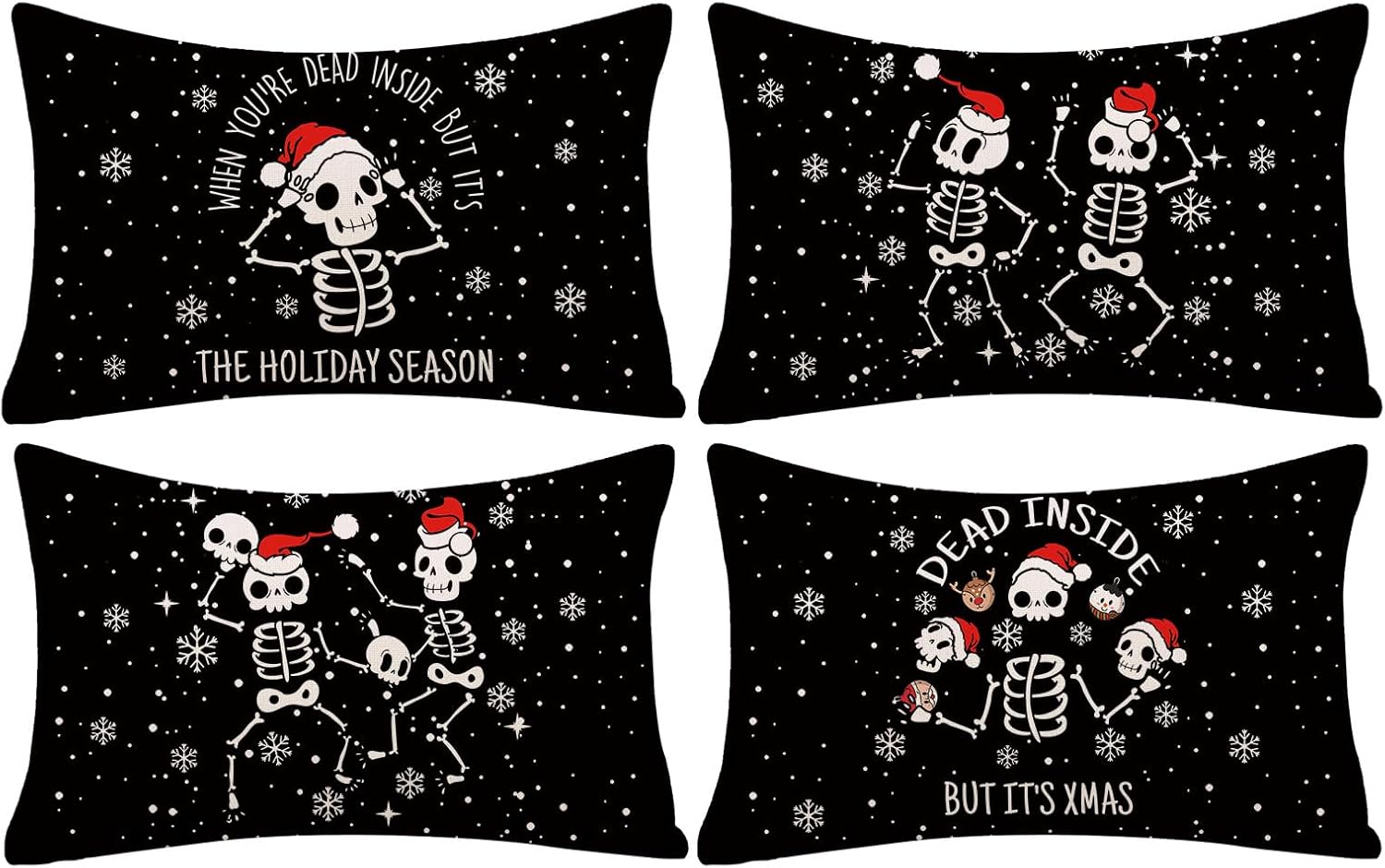 GAGEC Christmas Pillow Covers 20x20 Inch Set of 4 Funny Dancing Skeleton Pillow Case Black Christmas Xmas Winter Home Decor Living Room House Decorative Cushion Case for Sofa Couch
