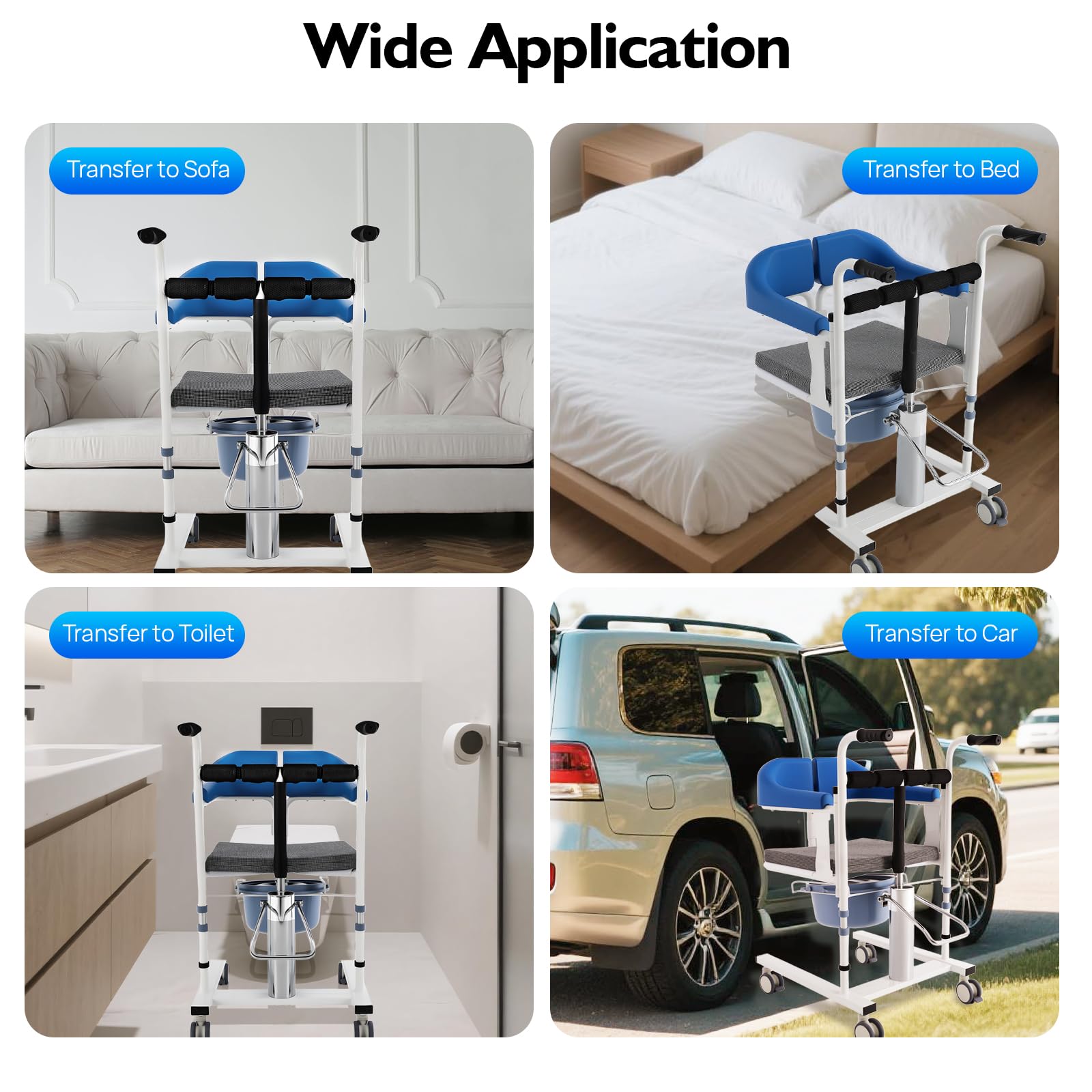 Silla Elevadora Hidráulica de Transferencia para Pacientes que Pueden Mantenerse Sentados, Altura Ajustable 42-60 cm, Carga 100 kg, Respaldo 180°, Ruedas con Freno, Ducha e Inodoro, Azul