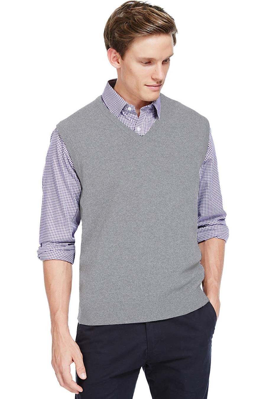Aarhon Mens V Neck Sleeveless Knitted Jumper Plus Size Sweater Mens Top Size UK-L.Grey-L