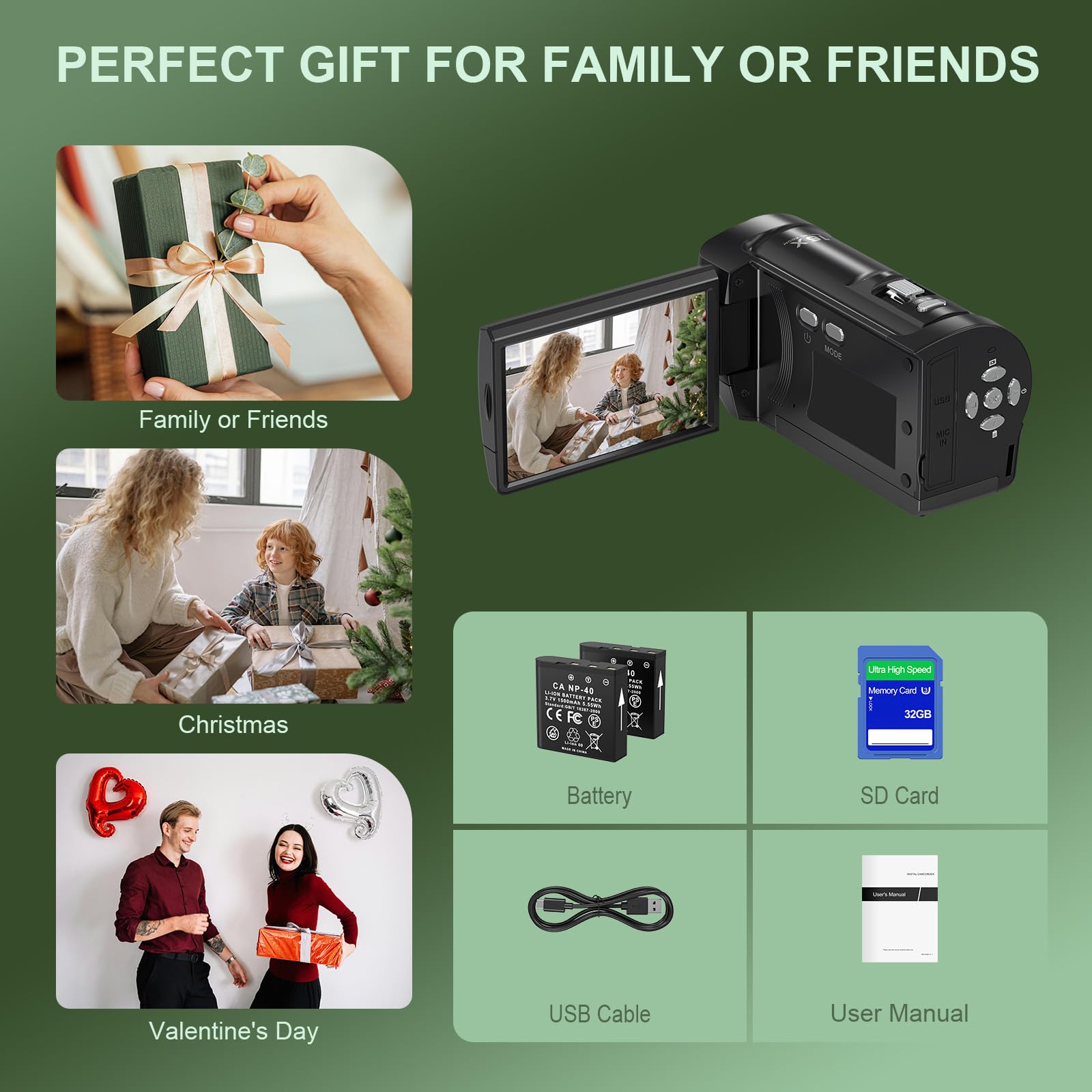 Videocamera 2.7K QHD 50MP YouTube Vlogging Camera 16X Zoom digitale Webcam 270 gradi di rotazione dello schermo Camcorder con scheda SD 32G e 2 batterie di registrazione durante la ricarica