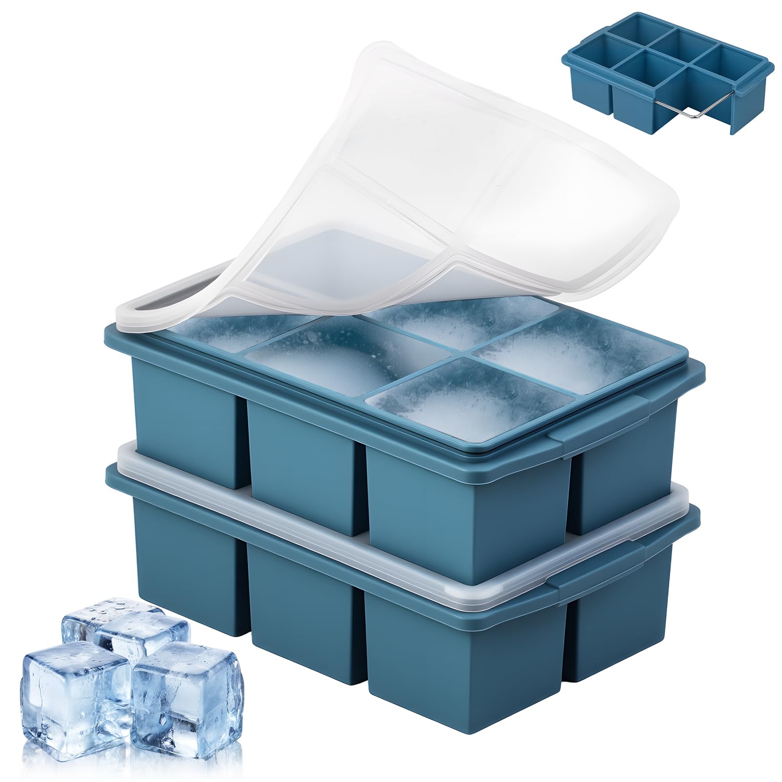 Large Ice Cube Trays for Whiskey (2 Pack) - Silicone Ice Cube Molds with Steel Frame Reinforcement & Lid, 2-Inch Square Ice Cubes for Whisky,