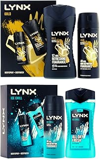 Lynx Gold Duo Gift Set for Men Oud Wood and Dark Vanilla 2PC (225ml Shower Gel & 150ml Body Spray) + Lynx Ice Chill Duo Gift Set 2PC (250ML Shower Gel & 150ml Body Spray), Valentine's Gift for Him.