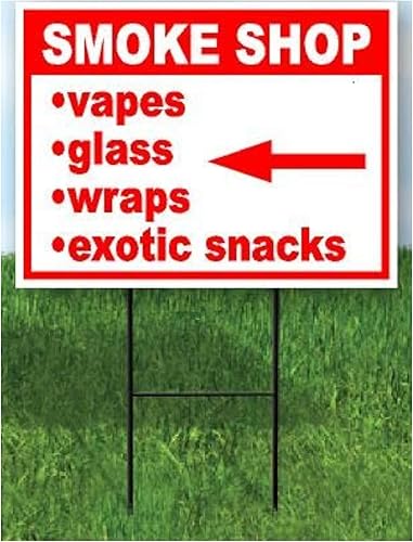 SMOKE SHOP VAPES GLASS WRAPS EXOTIC SNACKS LEFT ARROW RED 18 in x 24 in Yard Sign Road Sign with Stand, Single Sided