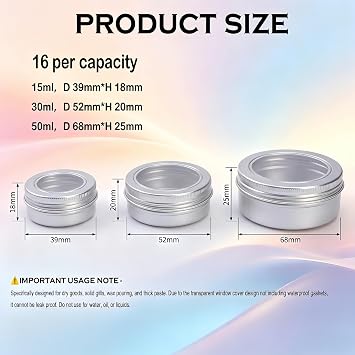 LJY Aluminum Tin Jar Refillable Containers Round Tin Container Bottle for DIY Projects,Gifts,Cosmetic,Cream,Diamond,Balms,Lip Balm (Silver Clear Lids, 48 Pcs 2oz/1oz/0.5oz)