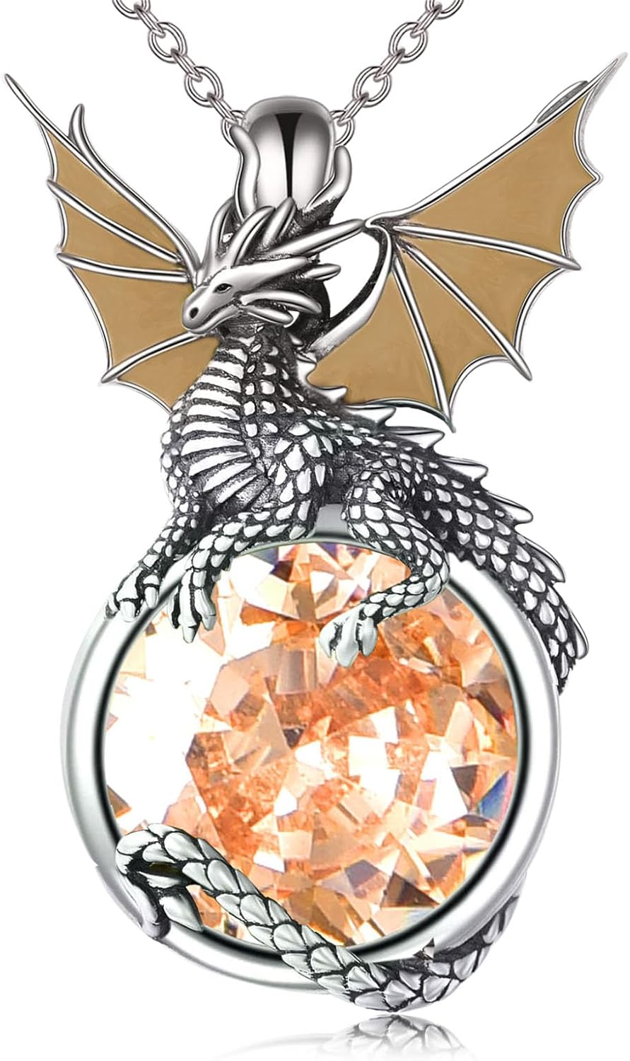 Birthstone Dragon Necklace Sterling Silver Dragons Pendant Animal Jewelry Birthday Gifts for Women Men