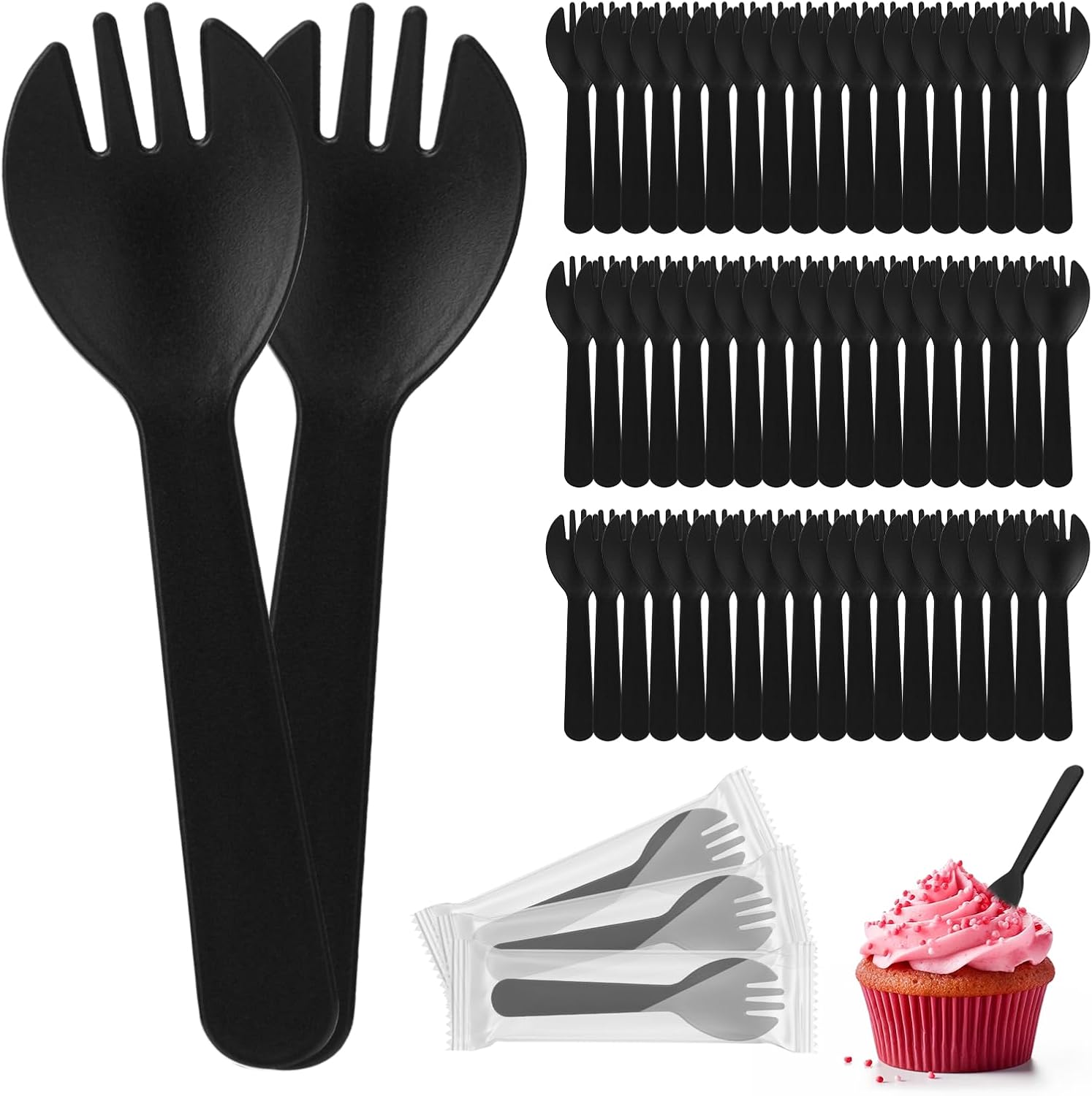 100Pcs Mini Disposable Plastic Sporks, 4.2 Inch Individually Wrapped Black Small Fork and Spoon Utensils for Desserts, Appetizer, Cake, Office & Daily Party
