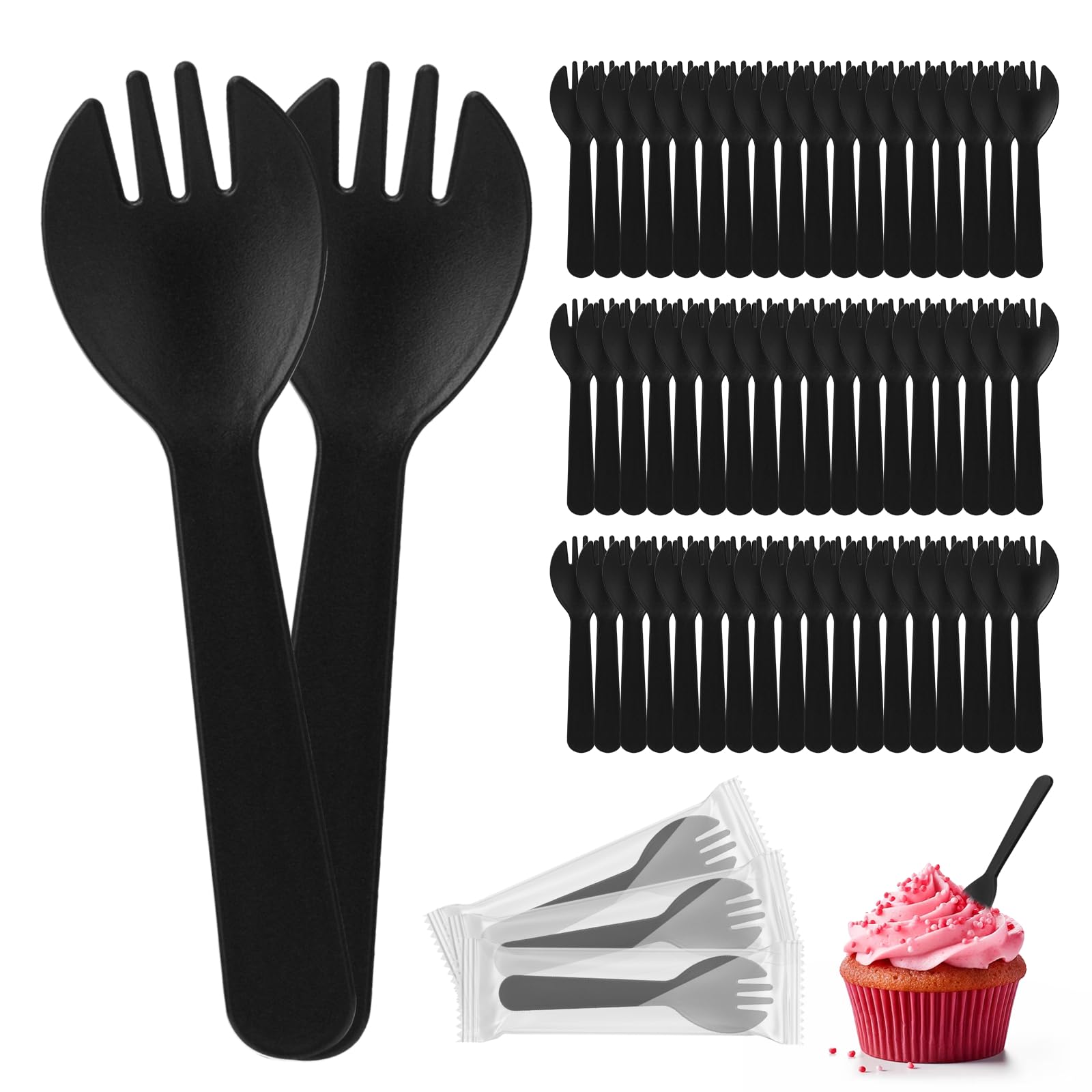 100pcs mini disposable plastic sporks 42 inch individually wrapped black small fork and spoon utensils for desserts appetizer cake office amp daily party