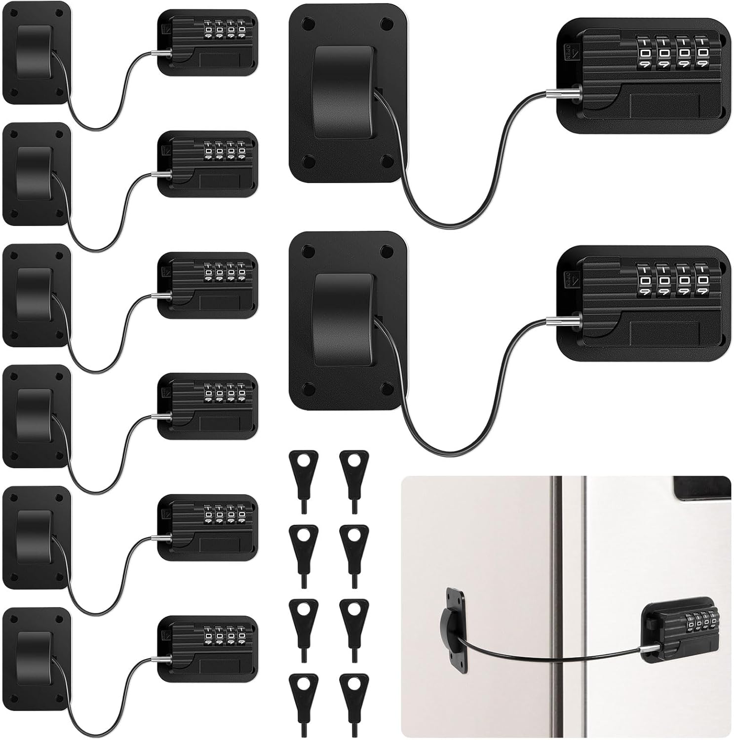 8 Pack Fridge Lock, Refrigerator Freezer Door Lock with Password, Drill-Free Childproof Cabinet Locks, Safety Freezer Combination Lock for Refrigerator Cabinets Drawers Window, Black