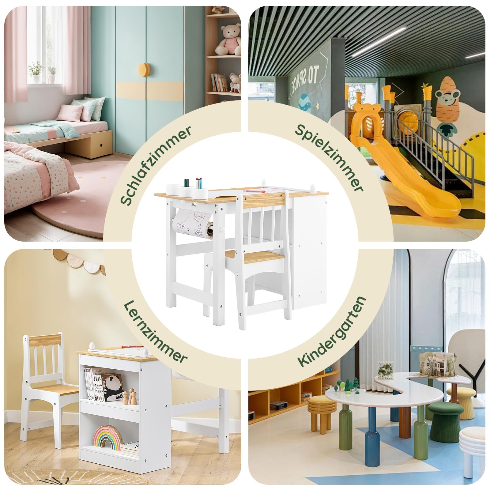 SoBuy Kindertisch mit 1 Stuhl, Kindersitzgruppe mit 1 Papierrollenhalter, Kinder Tisch Stuhl Set, Spieltisch und Maltisch für Kinderzimmer, Maltisch für Kinder, Weiß und Natur 80x66x50 cm KMB60-WN